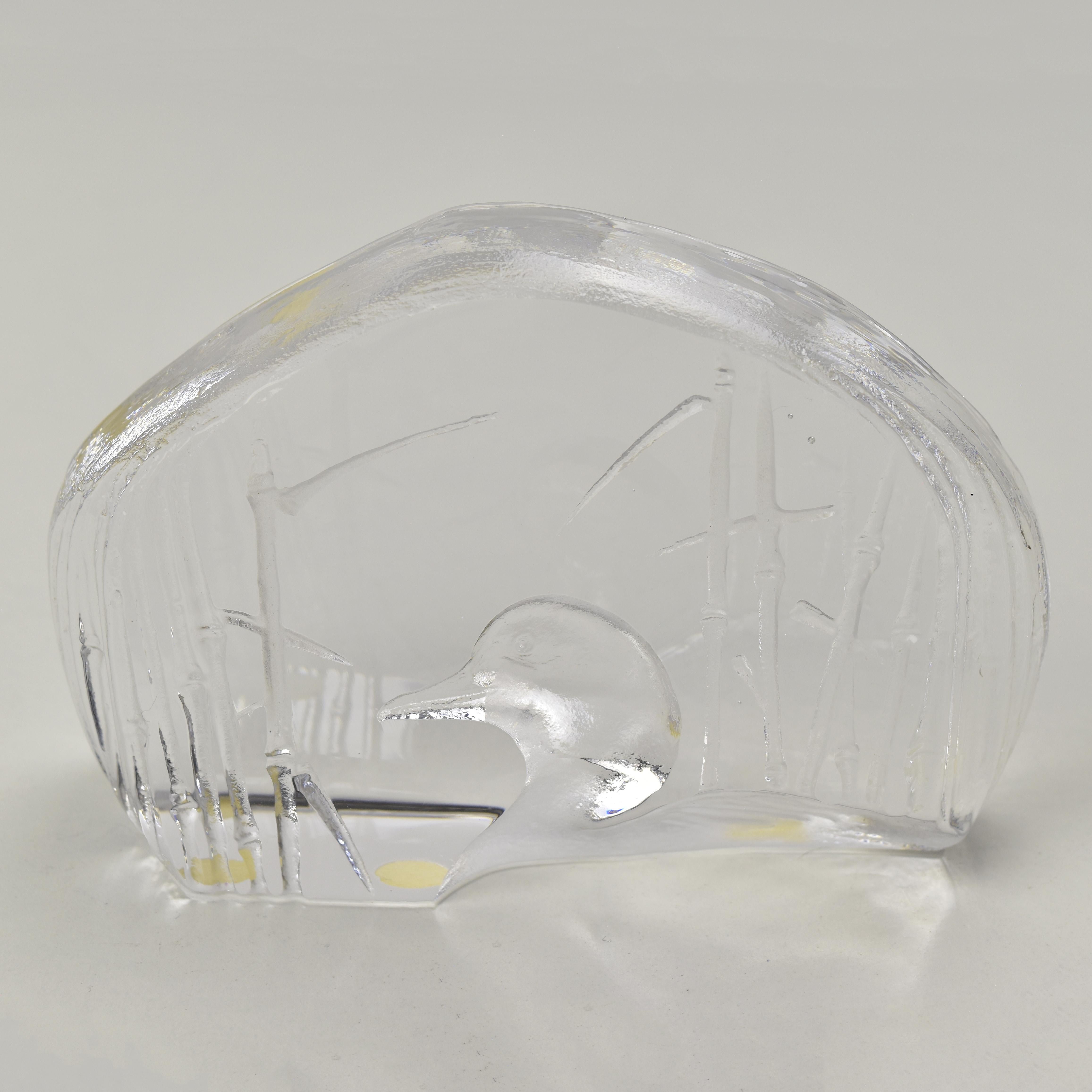 Scandinavian Modern Kosta Collection Mats Jonasson Crystal Duck Sculpture Paperweight Art Glass For Sale