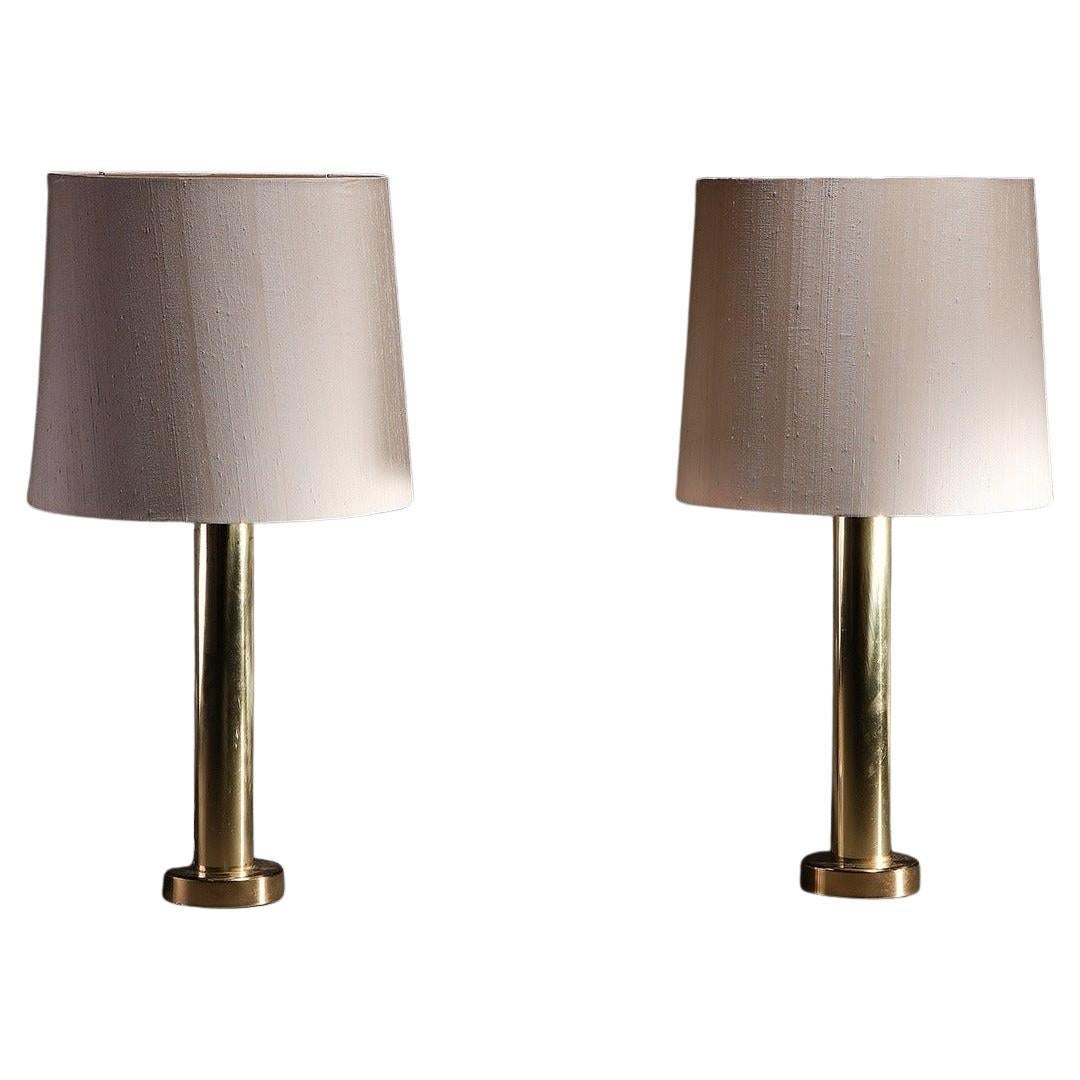 Kosta Elarmatur Pair of Table Lamps in Brass and Cotton, 1970s For Sale