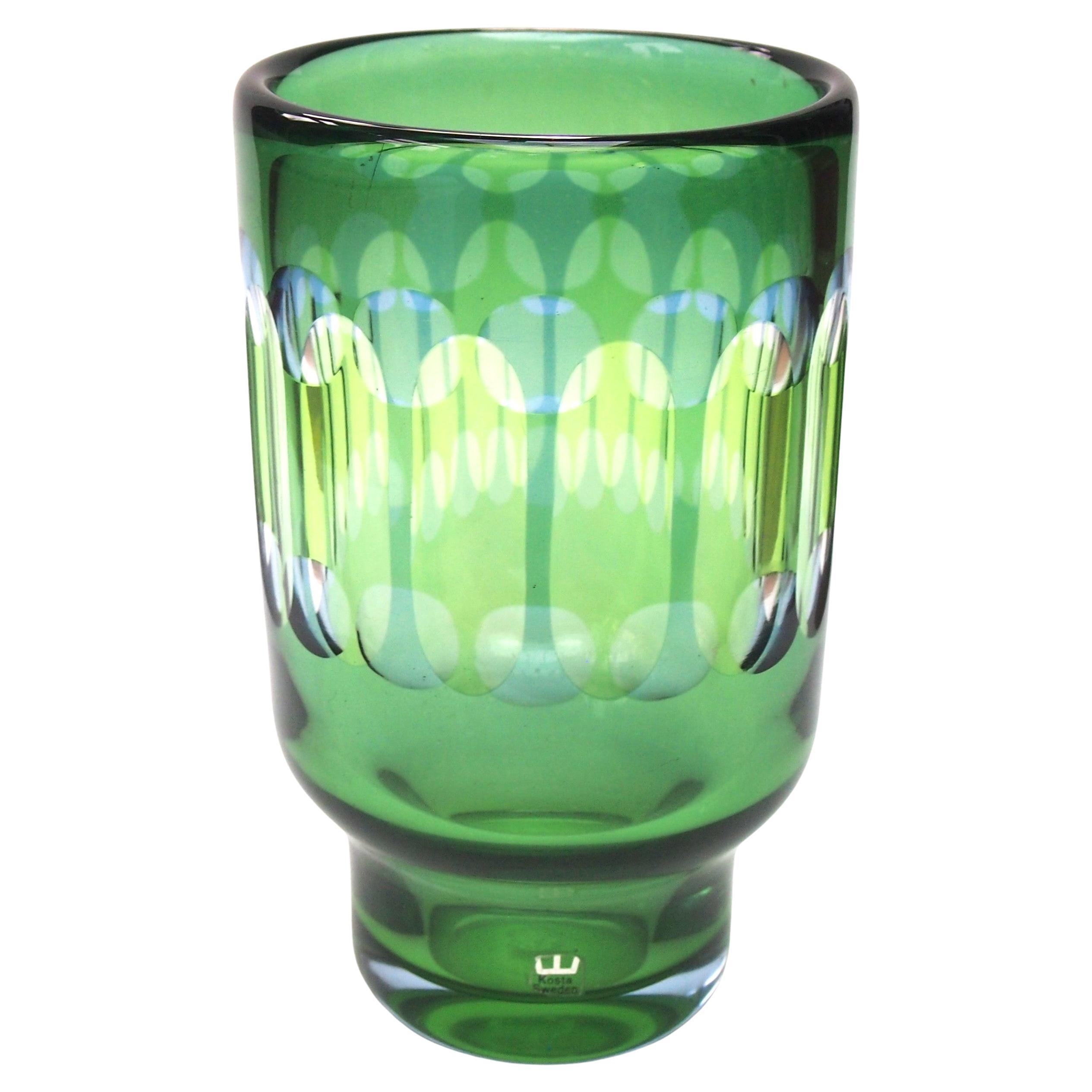 Kosta Green and Blue Optically Cut 'Unika'  vase Ove Sandberg 1965