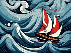 Un yacht en pleine tempête, peinture à l'acrylique sur toile
