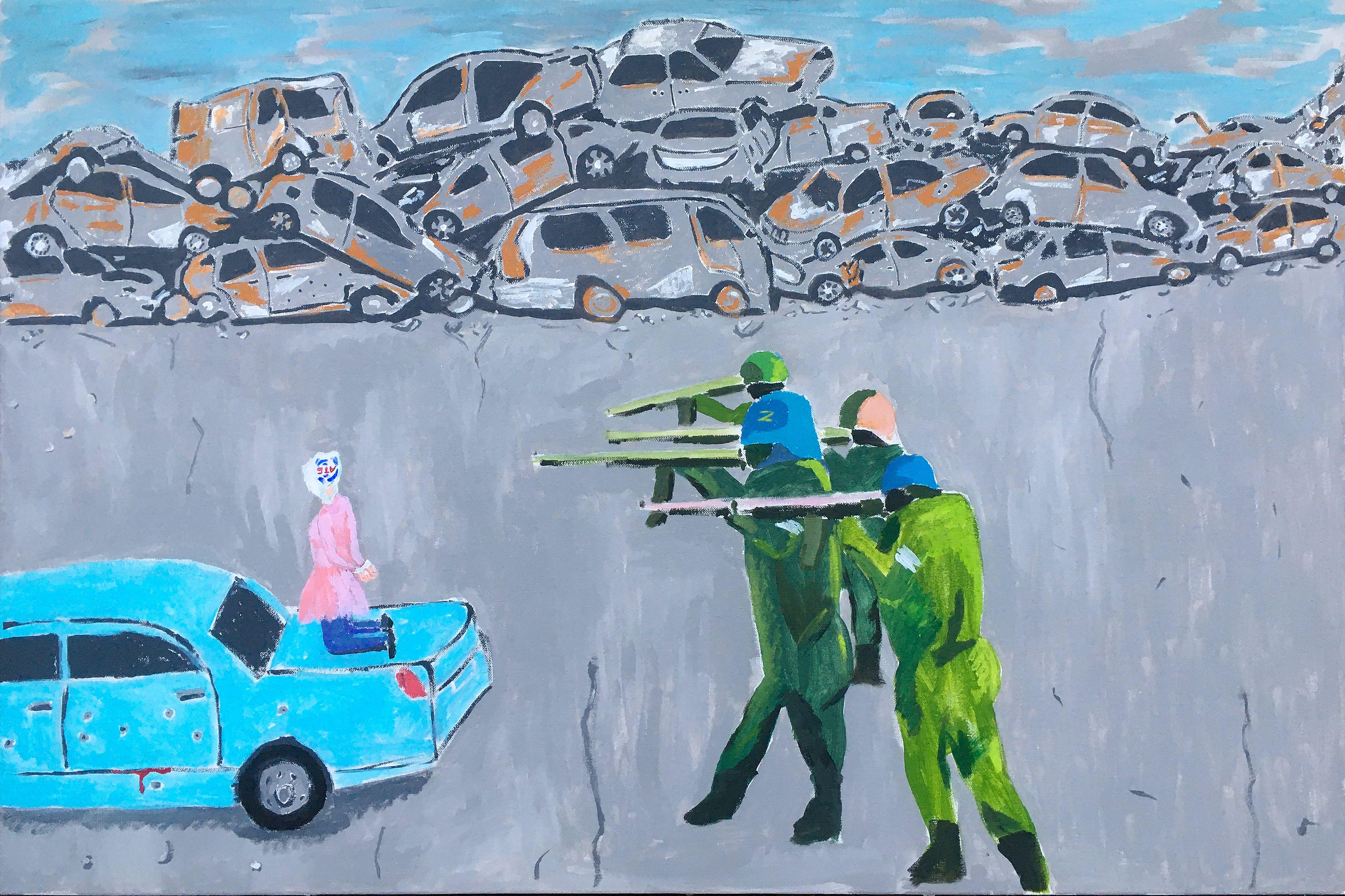 Children's drawing from the Ukrainian city of Irpin. This is one of the most terrifying places during the offensive of Russian troops. A pile of burned and rusted cars and soldiers shooting civilians in cars and killing entire families with