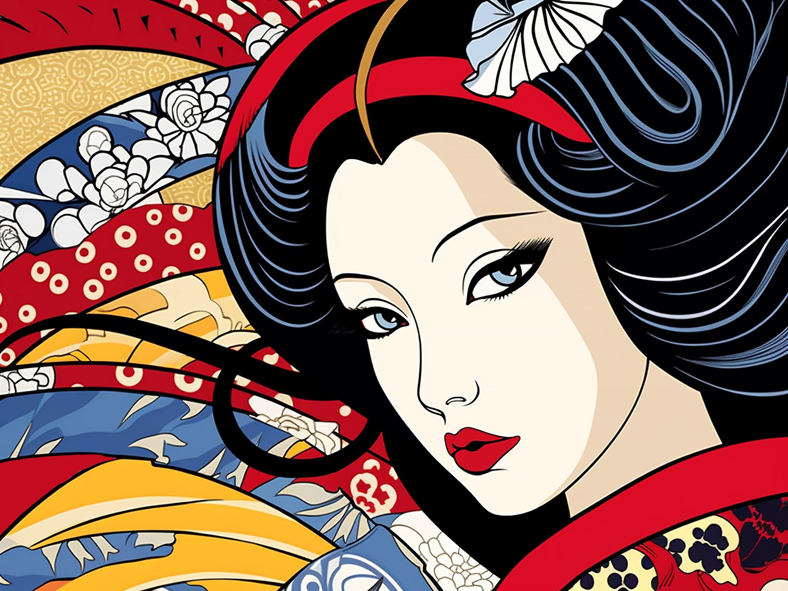 The original painting "Japanese woman 2" was created with colourful acrylic paints on a standard canvas. Ideal for your home, living room, dining room, bedroom or office.    The size of this particular artwork:    Height : 23.62 inches (60 cm) 