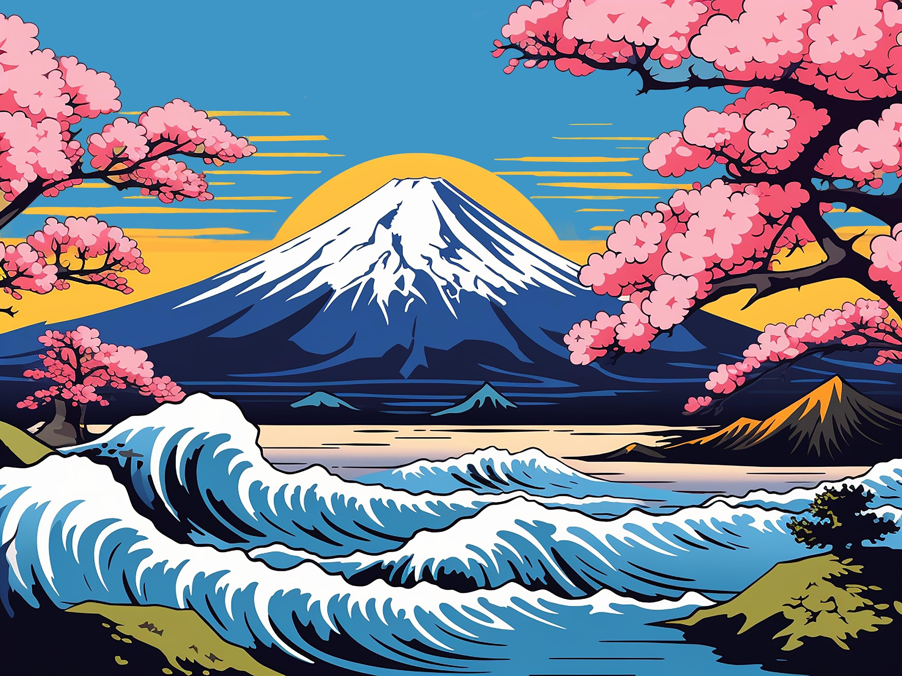 Monte Fuji y flores de sakura, Pintura, Acrílico sobre lienzo - Painting de Kosta Morr