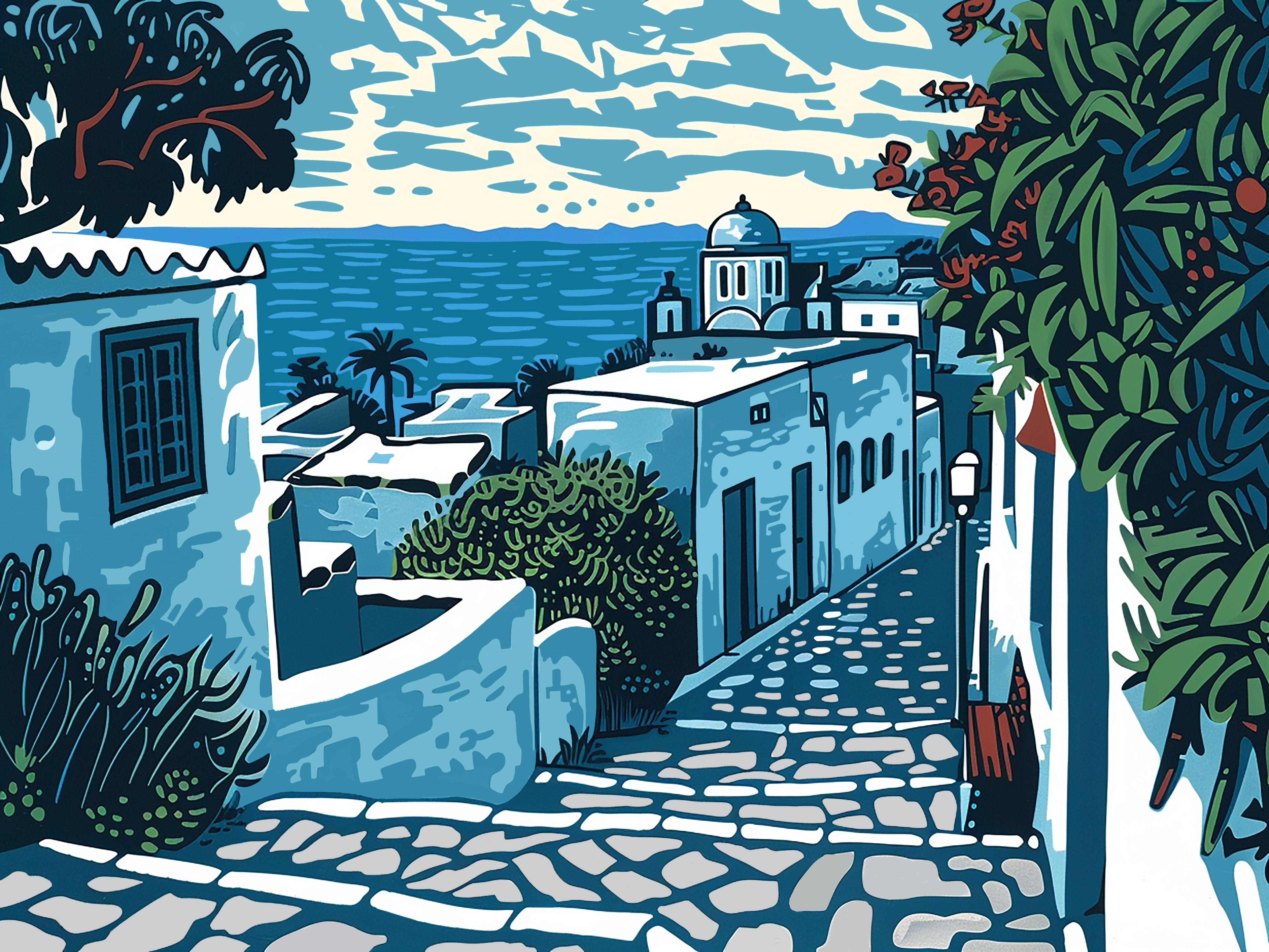 Sidi Bou Said, peinture, acrylique sur toile - Painting de Kosta Morr
