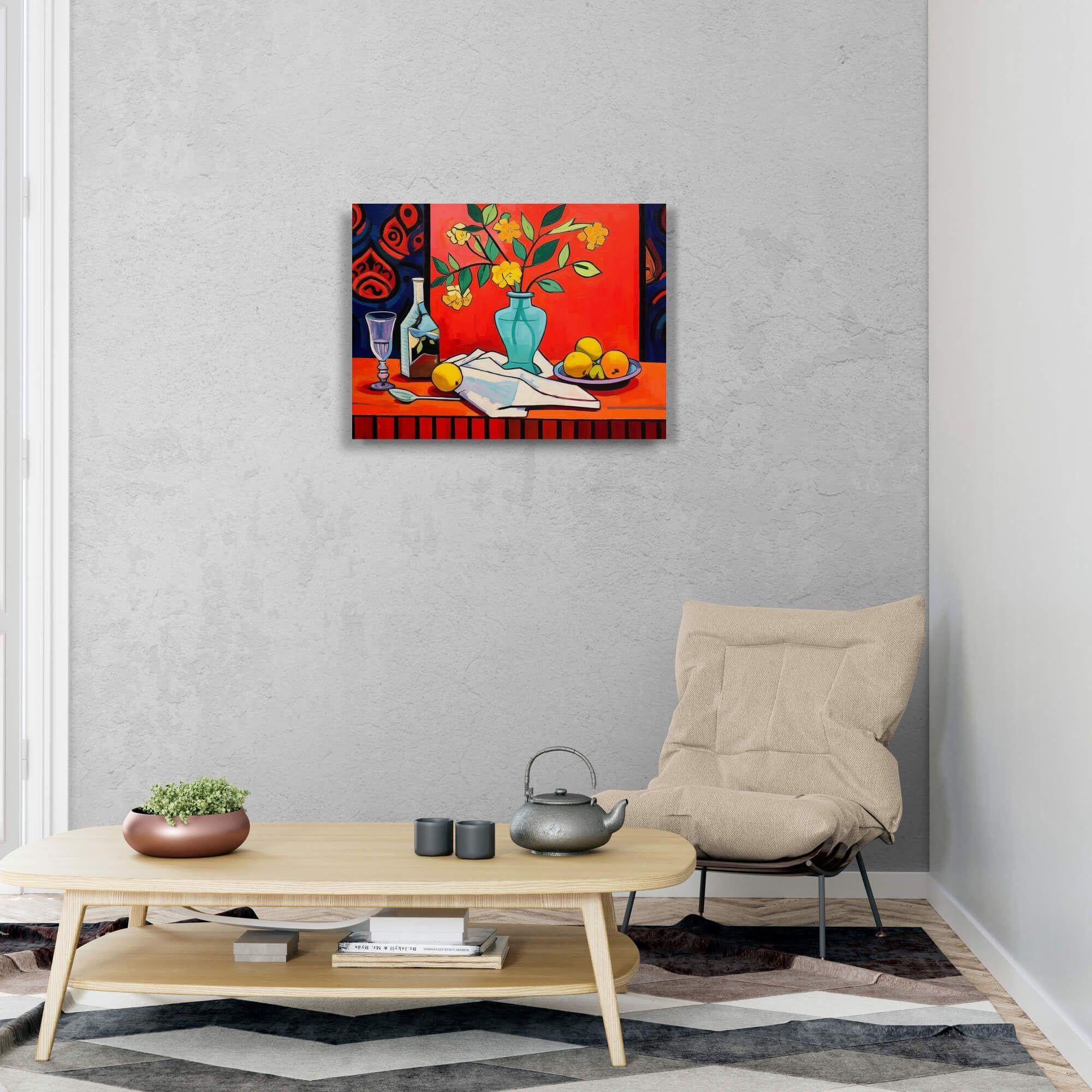 Stillleben mit türkisfarbener Vase, Gemälde, Acryl auf Leinwand im Angebot 1