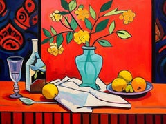 Nature morte avec vase turquoise, Peinture, Acrylique sur toile