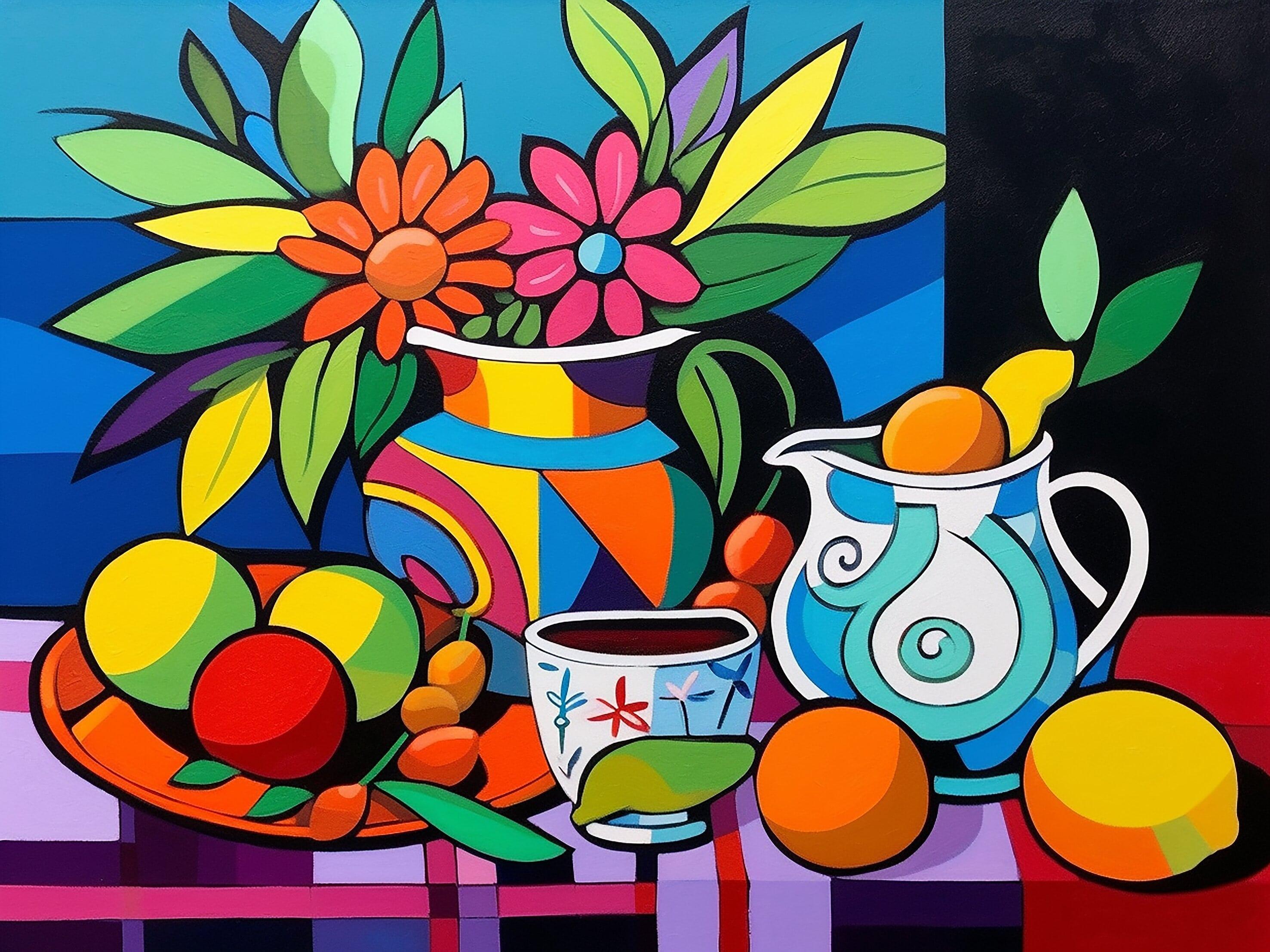 The original painting "Vibrant still life" was created with colourful acrylic paints on a standard canvas. Ideal for your home, living room, dining room, bedroom or office.    The size of this particular artwork:    Height : 23.62 inches (60 cm) 