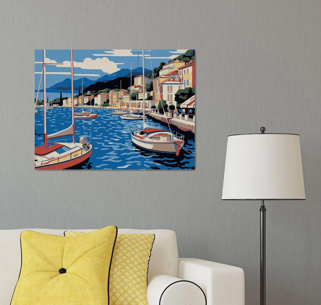 Yachts in the bay, Painting, Acrylic on Canvas For Sale 1