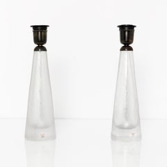 Kosta, Signed Pair of Swedish Etched Glass Lamp with Patinated Hardware
