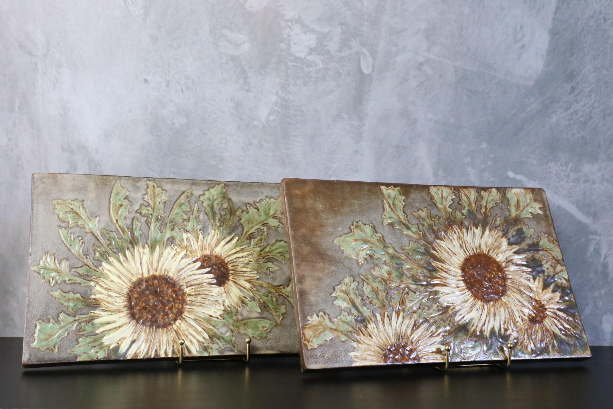 Kostanda - French Ceramic Tiles, circa 1970s, Vallauris era Derval, Capron

These two massive and beautiful ceramic tiles represent flowers.
It is in a perfect condition. Please be sure to look at the pictures, they complete the description of the