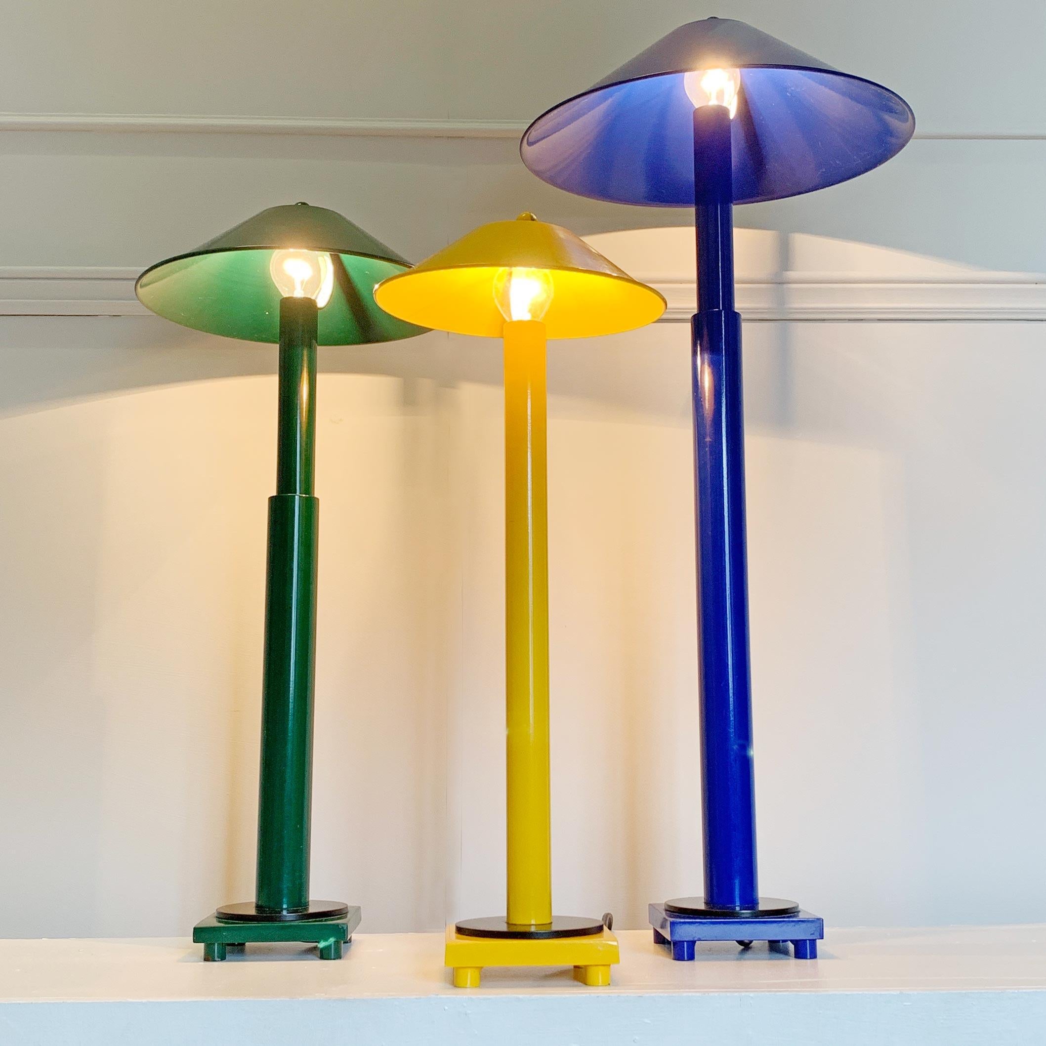 Set of 3 Kostka Lamps
France, 1970s-1980s

De Stijl Movement Style
Attributed to the early 20th century designs of German Architect and Painter Walter Georg Kostka (1884-1970)
Set of 3 primary bright colored table lamps
Heavy metal lamp bases
