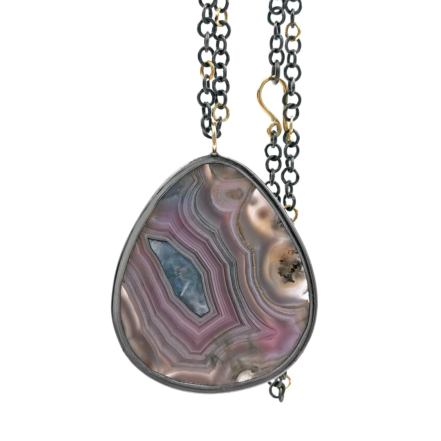 Artist Kothari Diamond Embedded Crazy Lace Agate One of a Kind Black and Gold Necklace