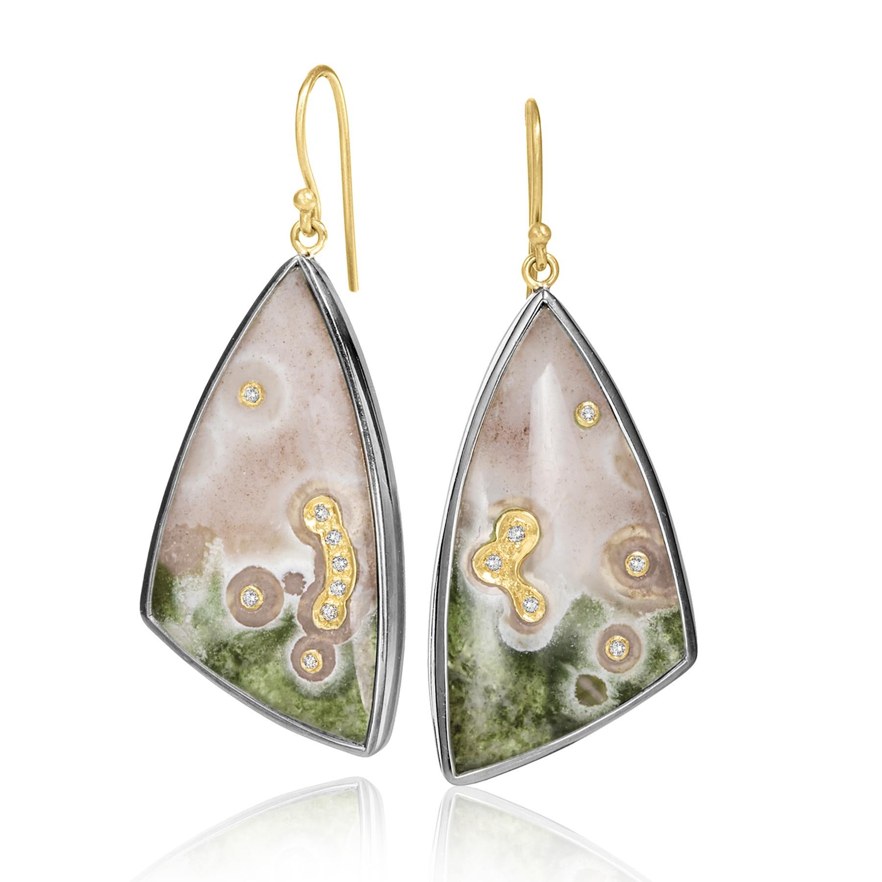 One of a Kind Drop Earrings handcrafted by jewelry designer Tej Kothari featuring a stunning matched pair of ocean jasper showcasing watermelon pink and green hues set in black-rhodium sterling silver embedded with 0.07 total carats of brilliant-cut