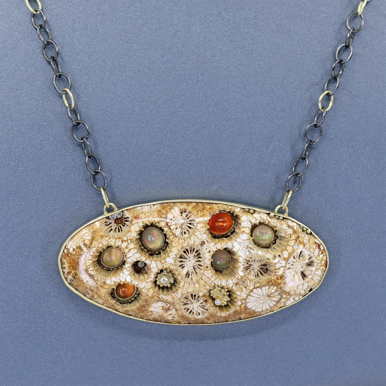 Artist Fire Opal White Diamond Fossilized Coral One of a Kind Drop Necklace, Kothari For Sale