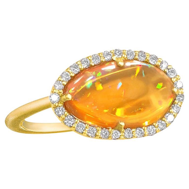 Kothari Freeform Mexican Fire Opal White Diamond Gold One of a Kind Ring