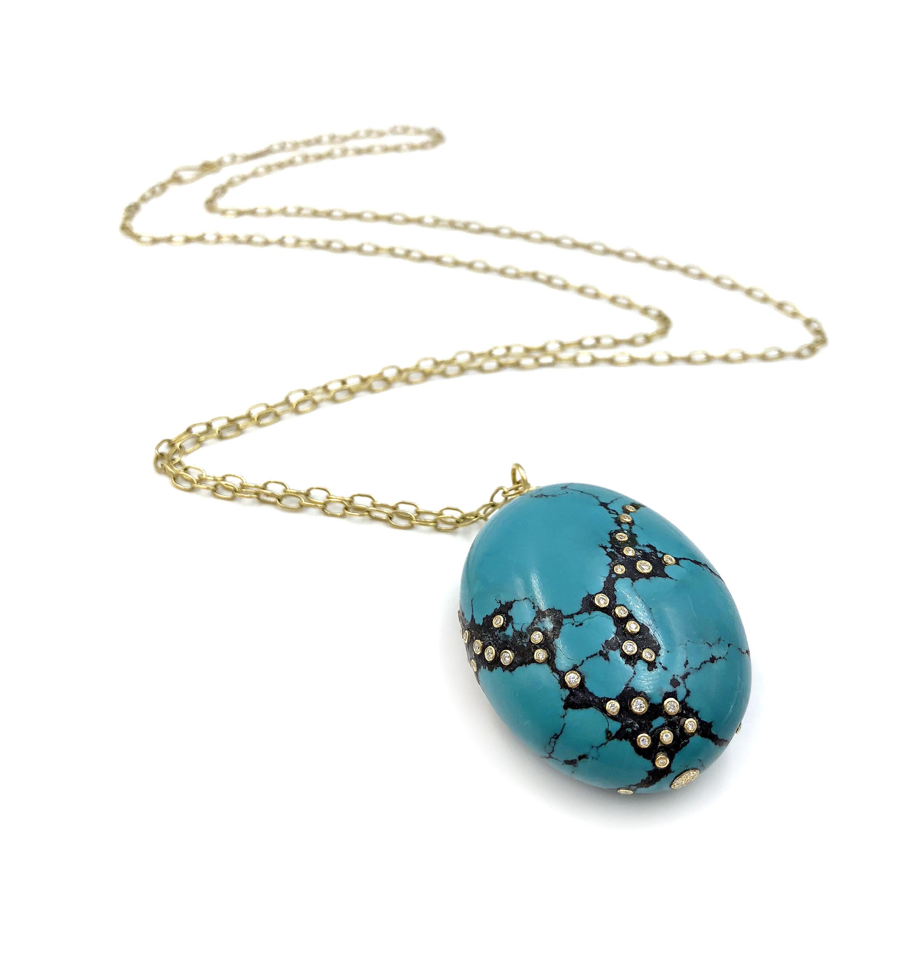 One of a Kind Scatter Necklace handmade by jewelry artist Tej Kothari in matte-finished 18k yellow gold chain (33 inches long) showcasing a turquoise oval egg pendant embedded with round brilliant cut white diamonds featured on both sides and