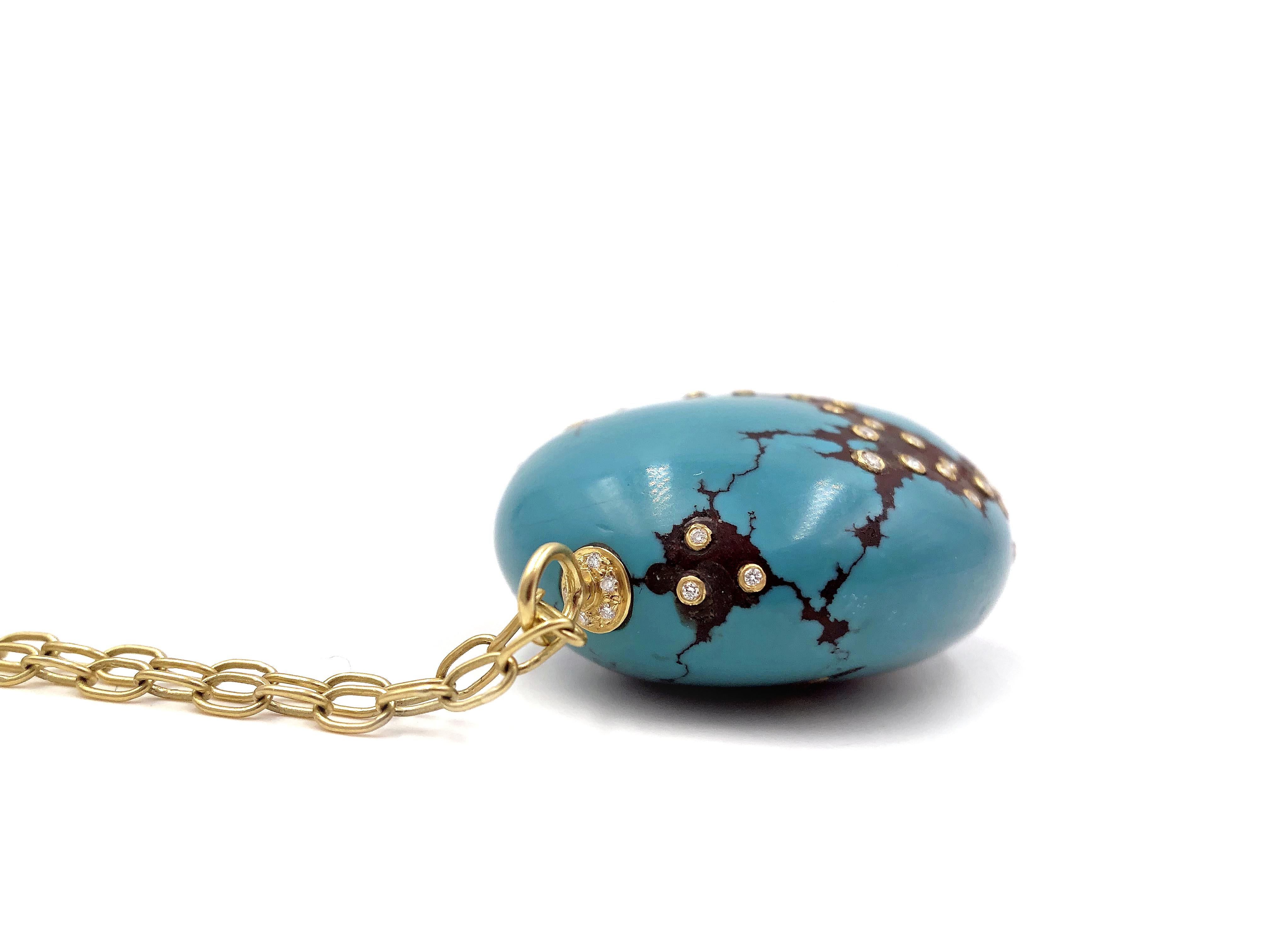 Kothari Inlaid White Diamond Turquoise Egg Long One of a Kind Necklace In New Condition In Dallas, TX