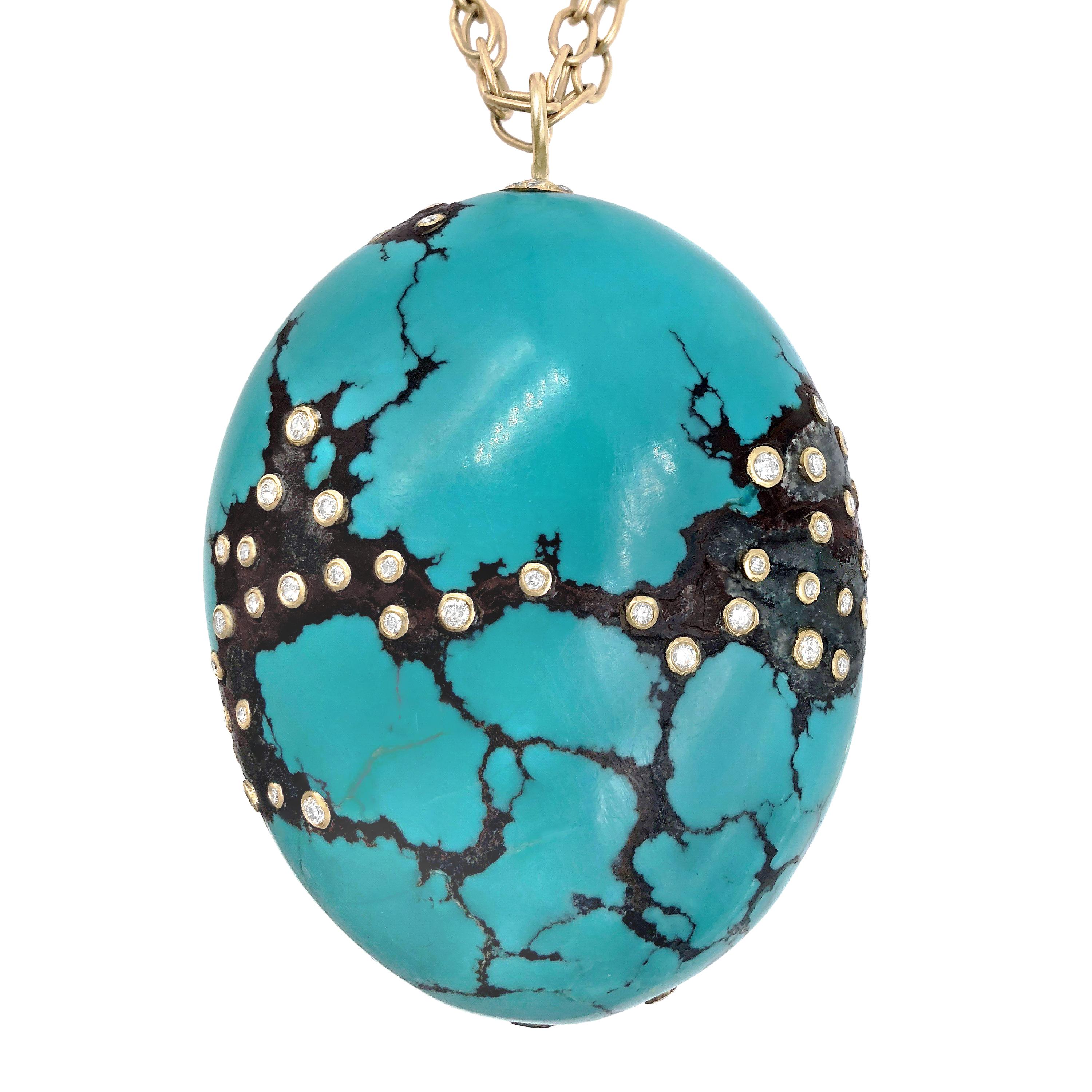 Kothari Inlaid White Diamond Turquoise Egg Long One of a Kind Necklace
