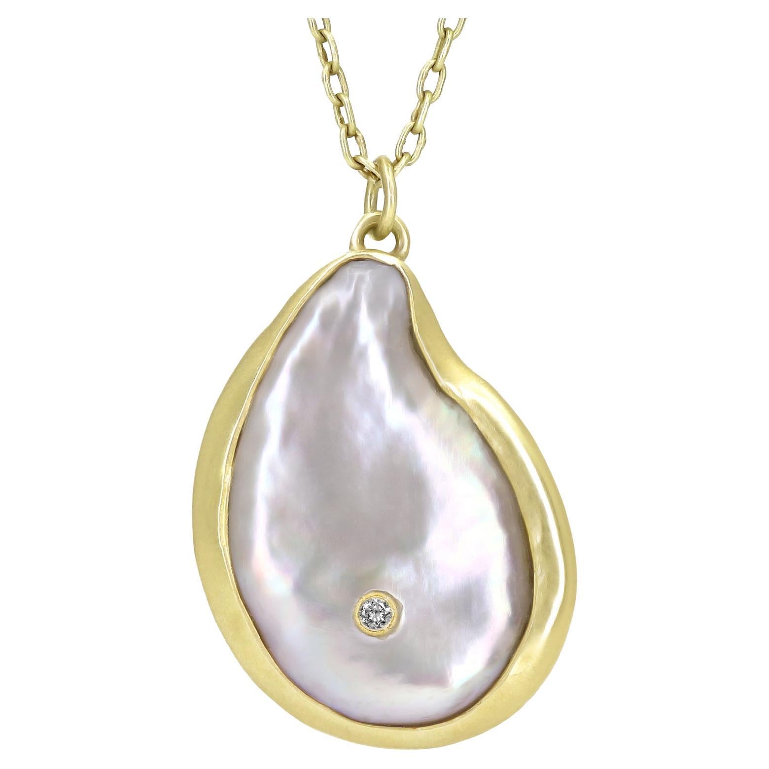 Iridescent Pearl Embedded Diamond One of a Kind Pendant Drop Necklace, Kothari For Sale