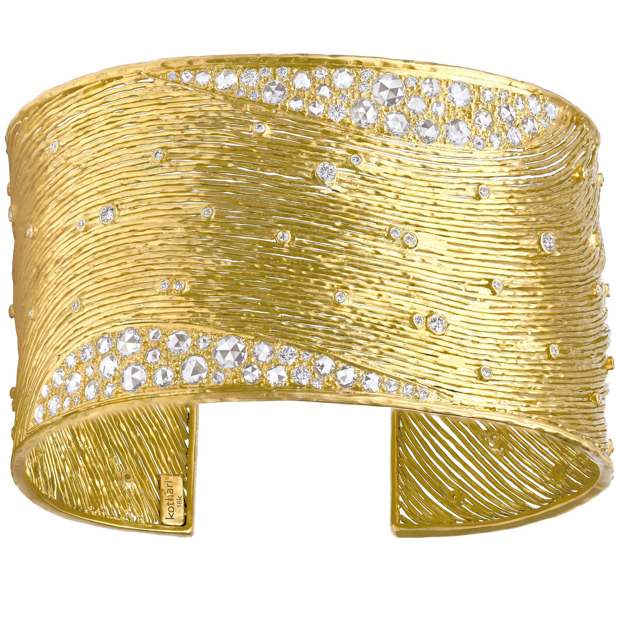 Kothari One of a Kind Brilliant and Rose-Cut White Diamond Gold Cuff Bracelet For Sale