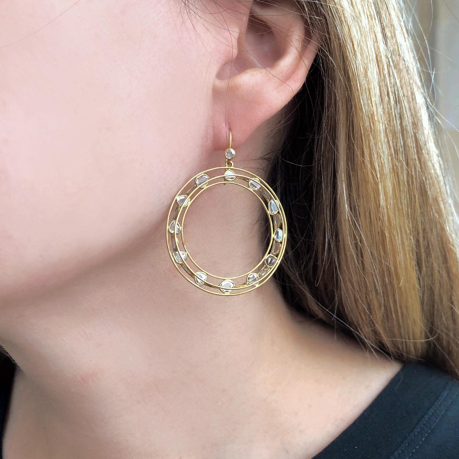 One of a Kind Dimension Hoop Earrings intricately handcrafted in matte-finished 18k yellow gold by Tej Kothari showcasing 48 white polki diamonds totaling 3.12 carats accented with rose-cut white diamond 18k yellow gold wires.  Polki Diamonds