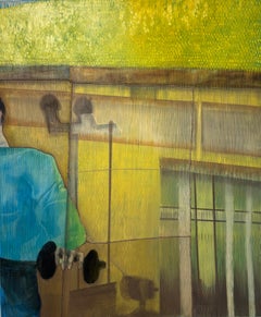 Contemporary Figurative Oil Painting on Canvas. Gym Interior. Sport Equipment.