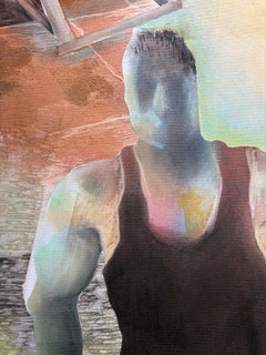 Pintura al óleo sobre lienzo, escena deportiva, material de gimnasio, arte contemporáneo