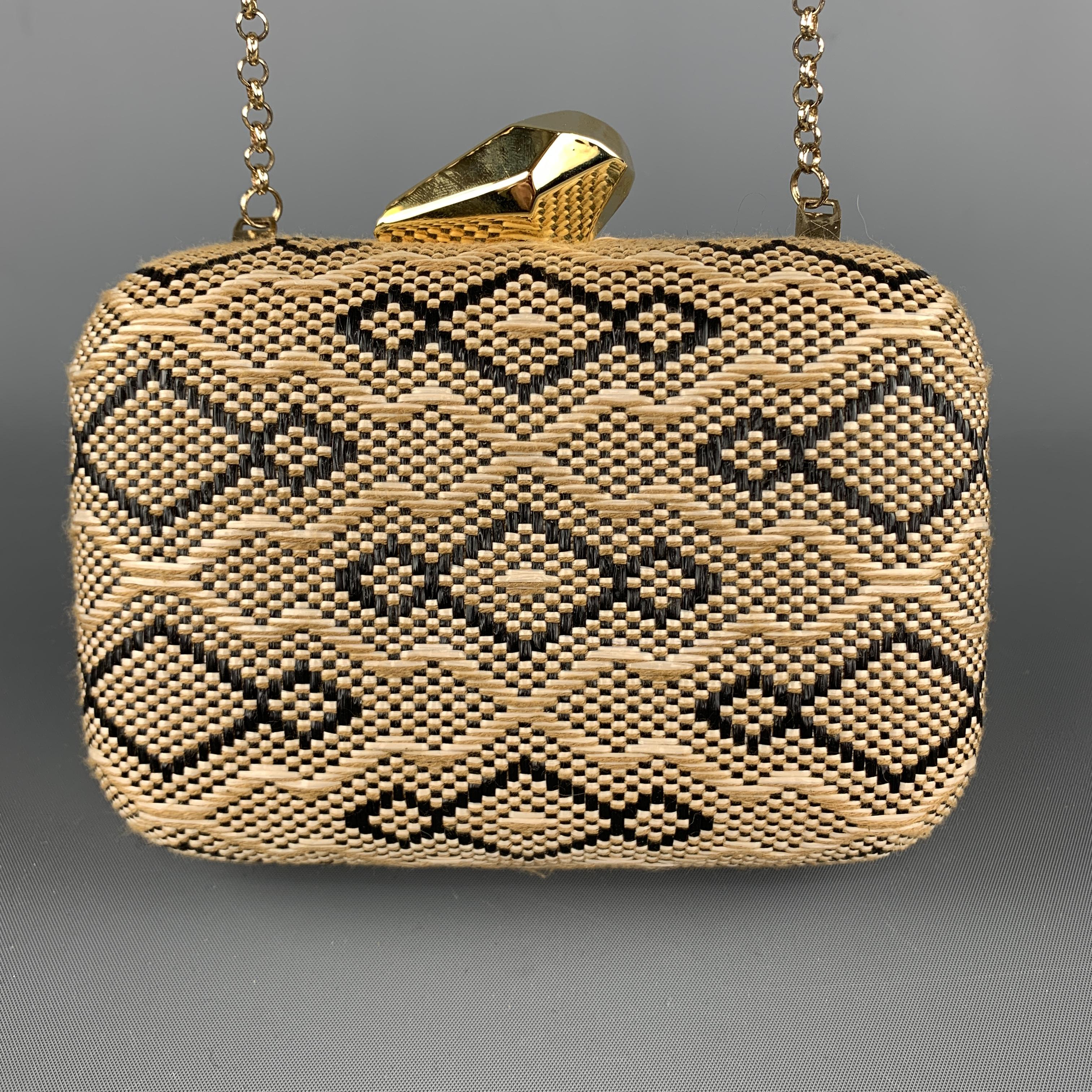 KOTUR Beige & Black Fabric Woven Gold Chain Handbag In Excellent Condition In San Francisco, CA