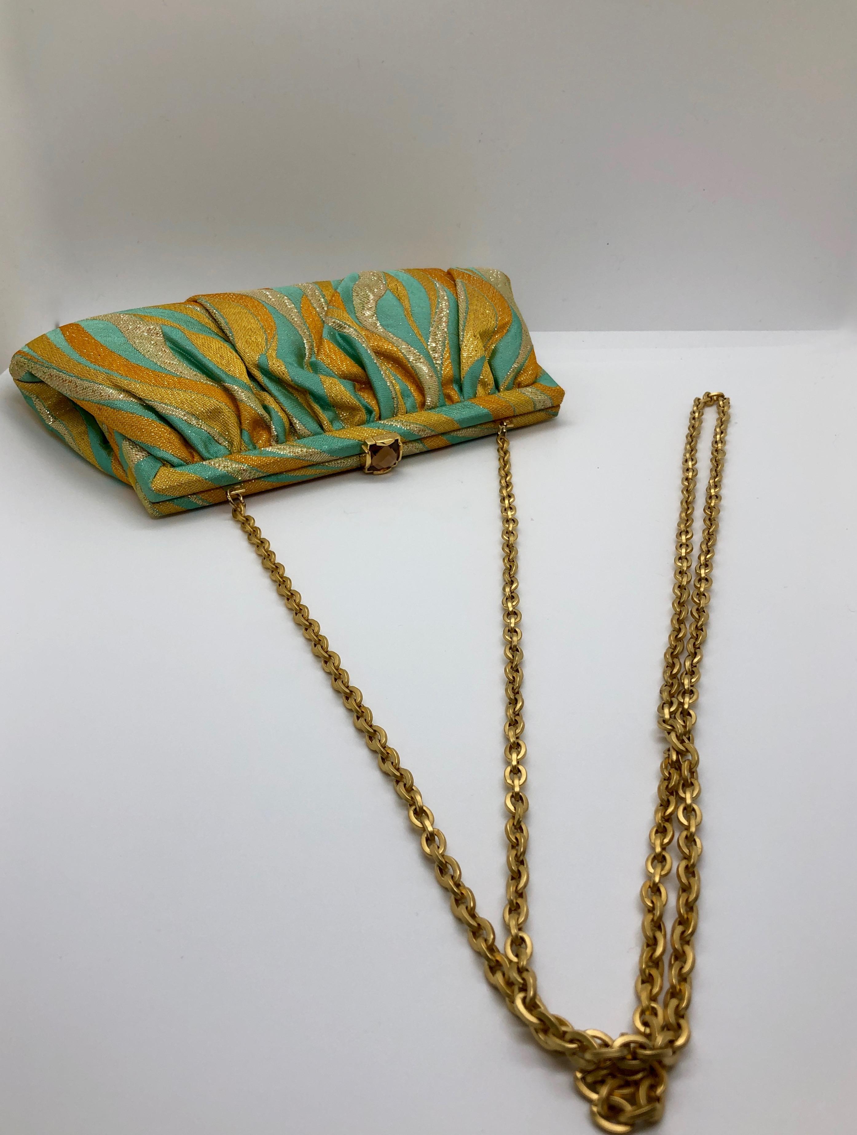 Kotur Metallic Yellow, Gold & Turquoise Silk w/ Gold Clasp & Chain Evening Bag For Sale 2