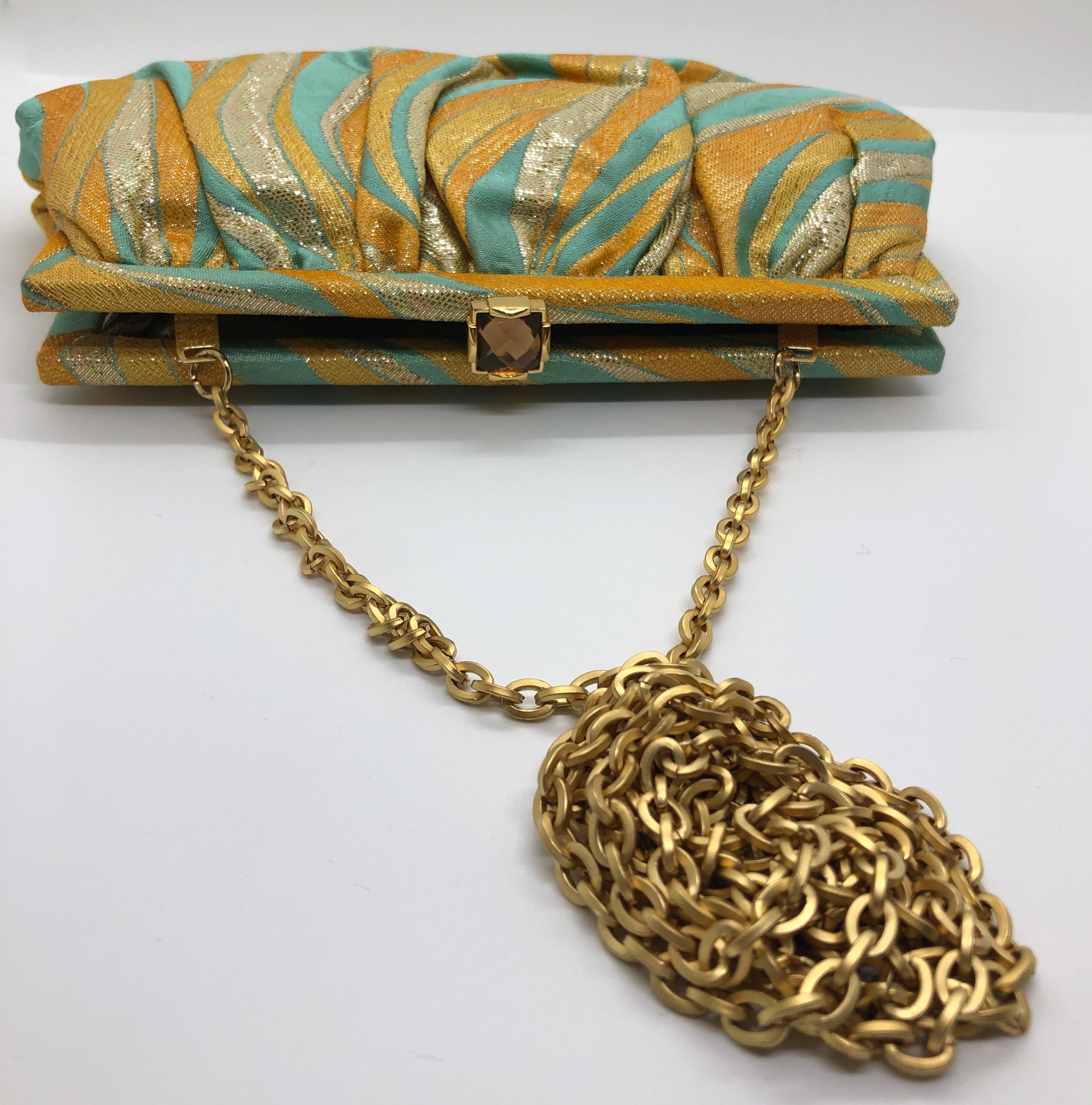 Kotur Metallic Yellow, Gold & Turquoise Silk w/ Gold Clasp & Chain Evening Bag For Sale 3