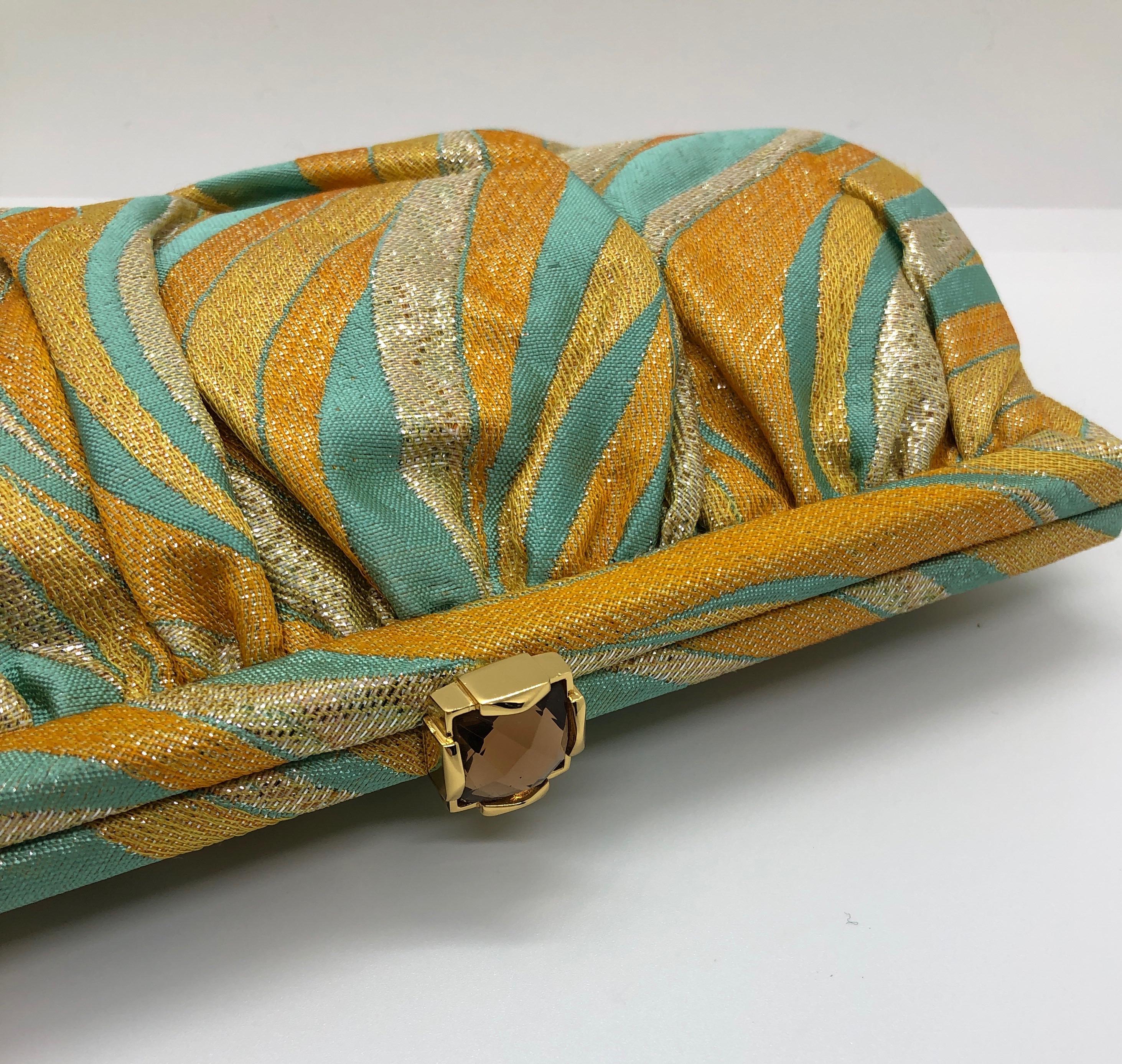 Kotur Metallic Yellow, Gold & Turquoise Silk w/ Gold Clasp & Chain Evening Bag For Sale 4