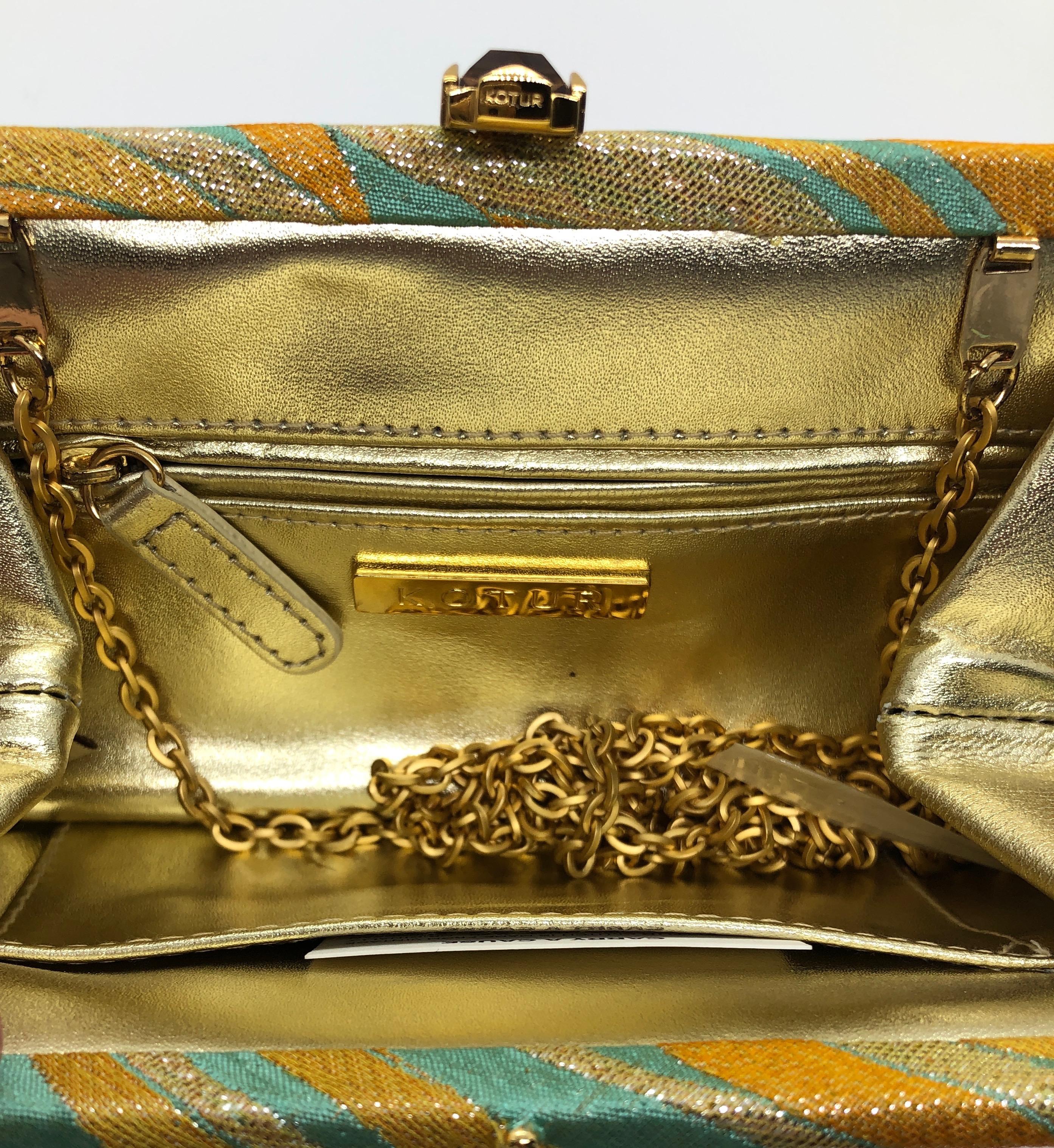 Kotur Metallic Yellow, Gold & Turquoise Silk w/ Gold Clasp & Chain Evening Bag For Sale 5