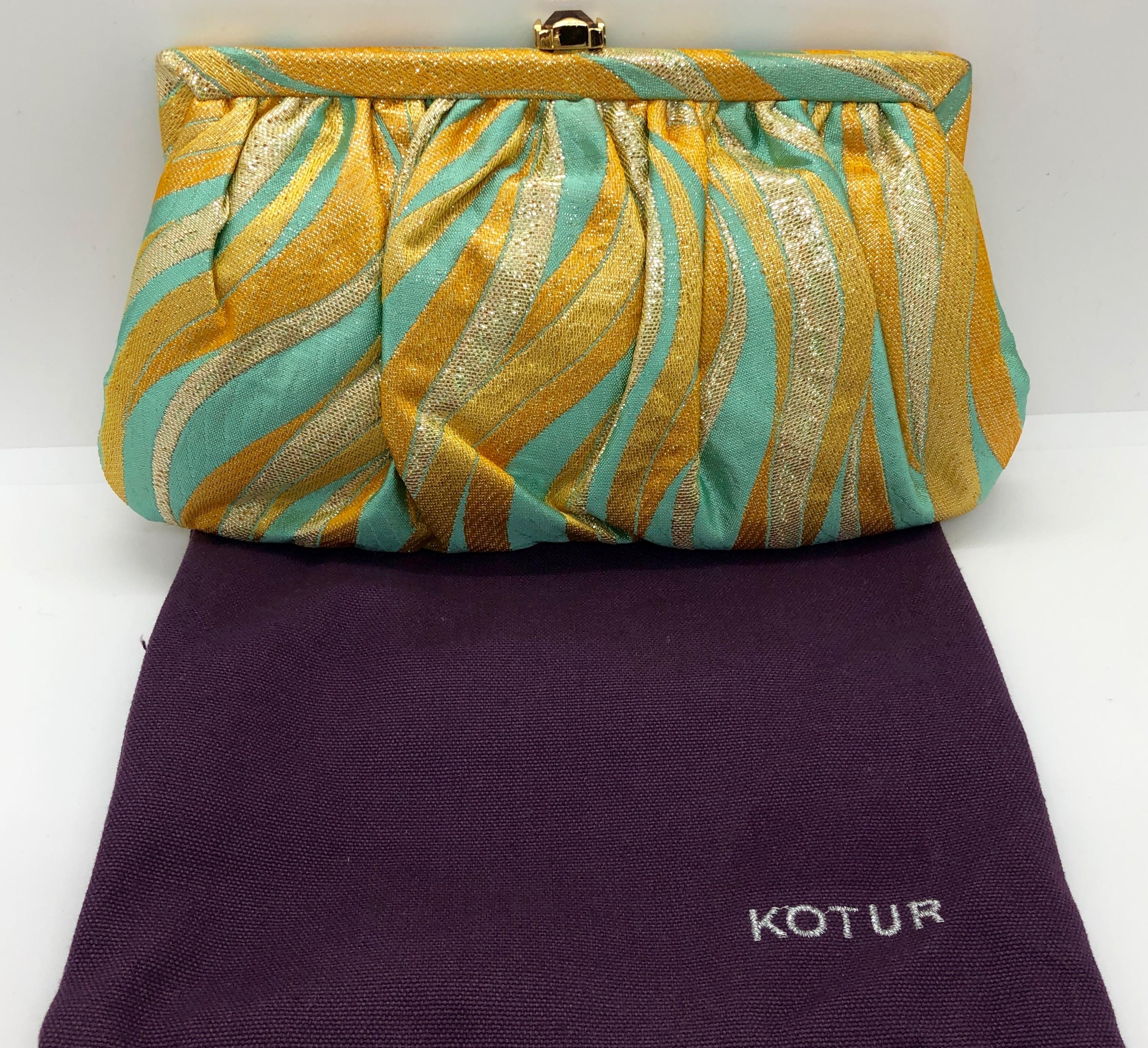Kotur Metallic Yellow, Gold & Turquoise Silk w/ Gold Clasp & Chain Evening Bag For Sale 7