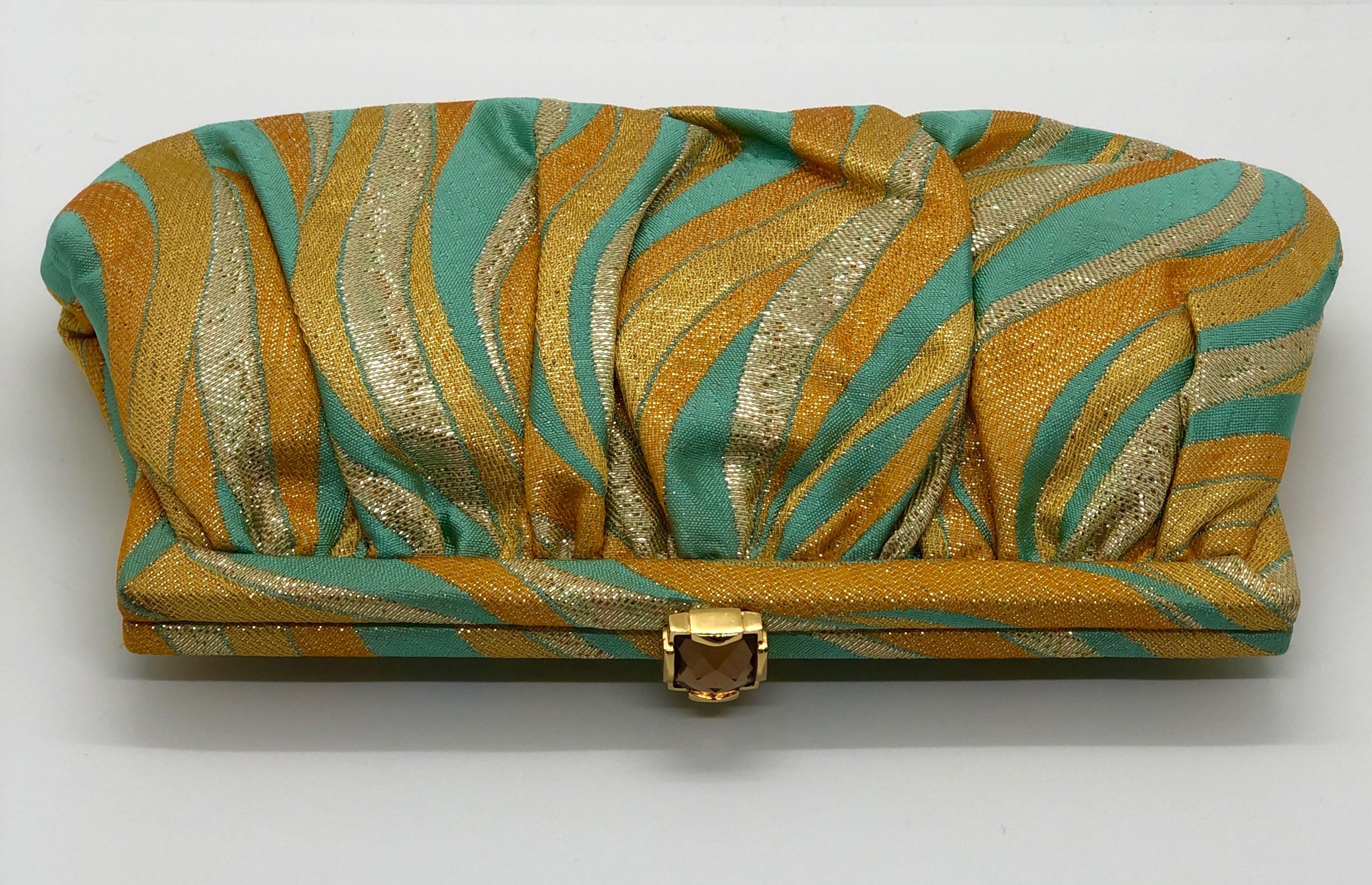 Kotur Metallic Yellow, Gold & Turquoise Silk w/ Gold Clasp & Chain Evening Bag In Excellent Condition For Sale In Houston, TX