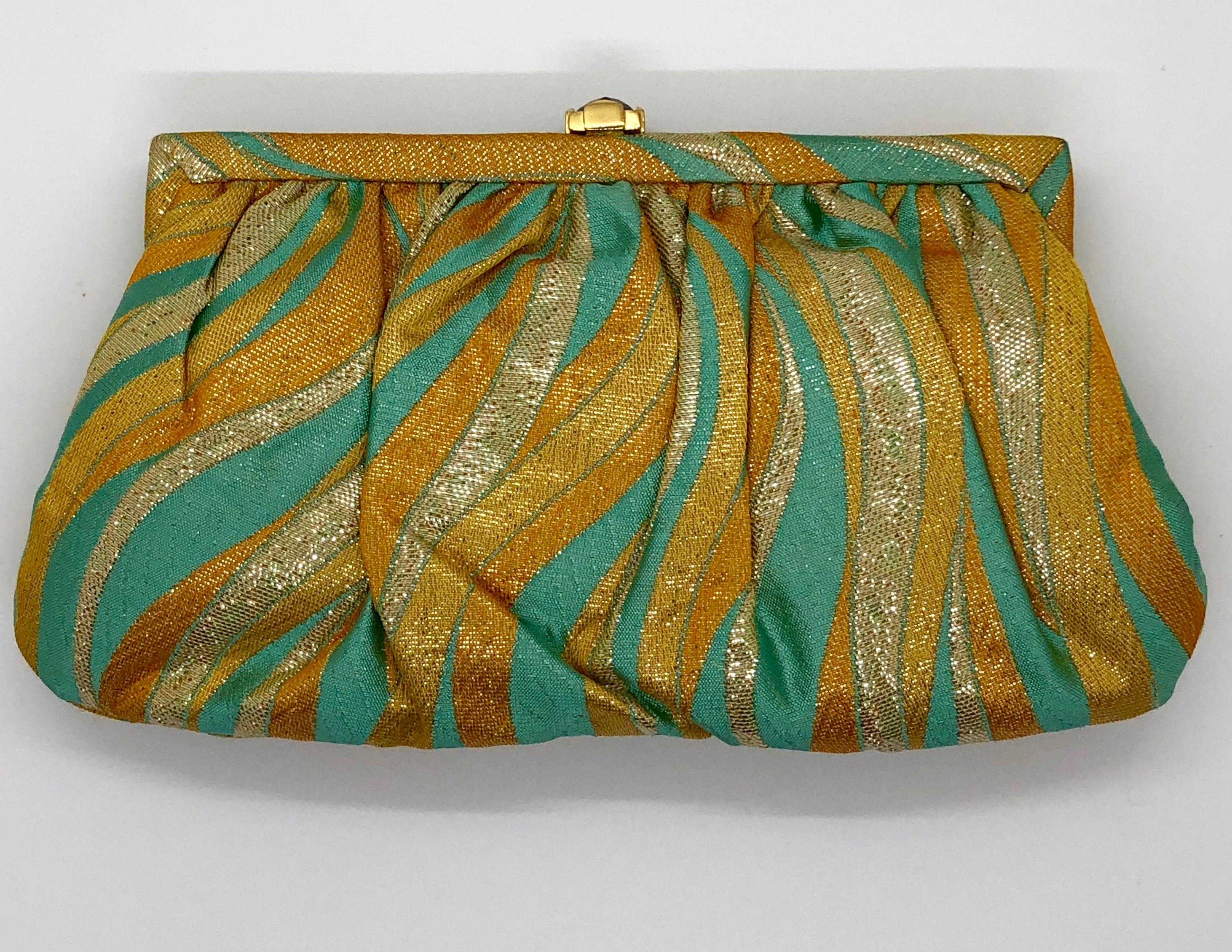 Women's Kotur Metallic Yellow, Gold & Turquoise Silk w/ Gold Clasp & Chain Evening Bag For Sale
