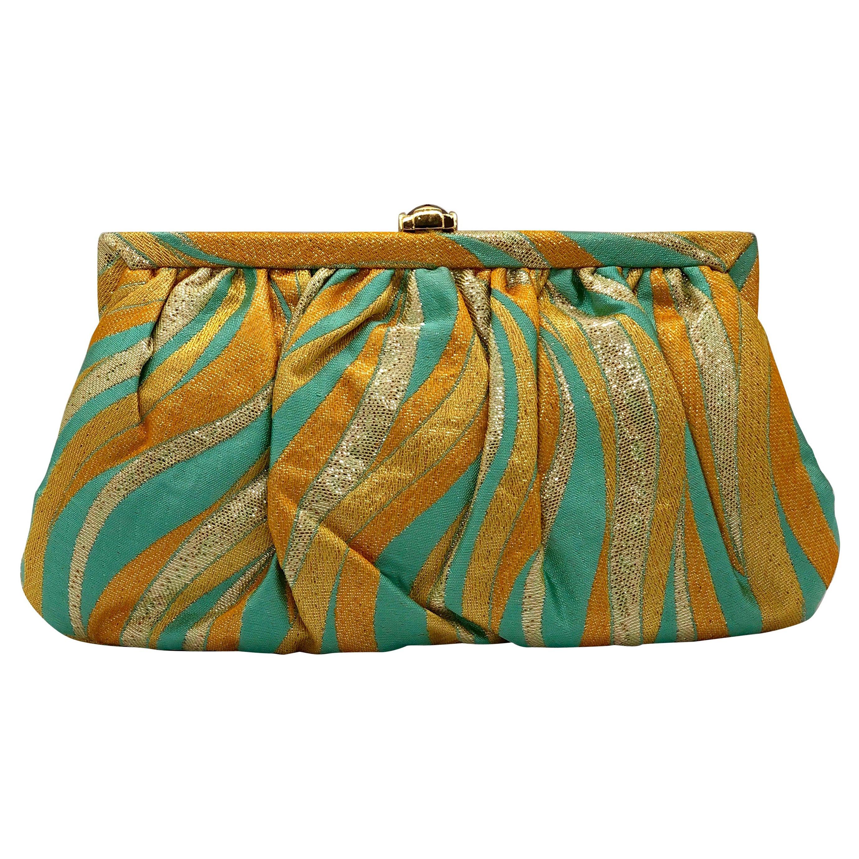 Kotur Metallic Yellow, Gold & Turquoise Silk w/ Gold Clasp & Chain Evening Bag For Sale