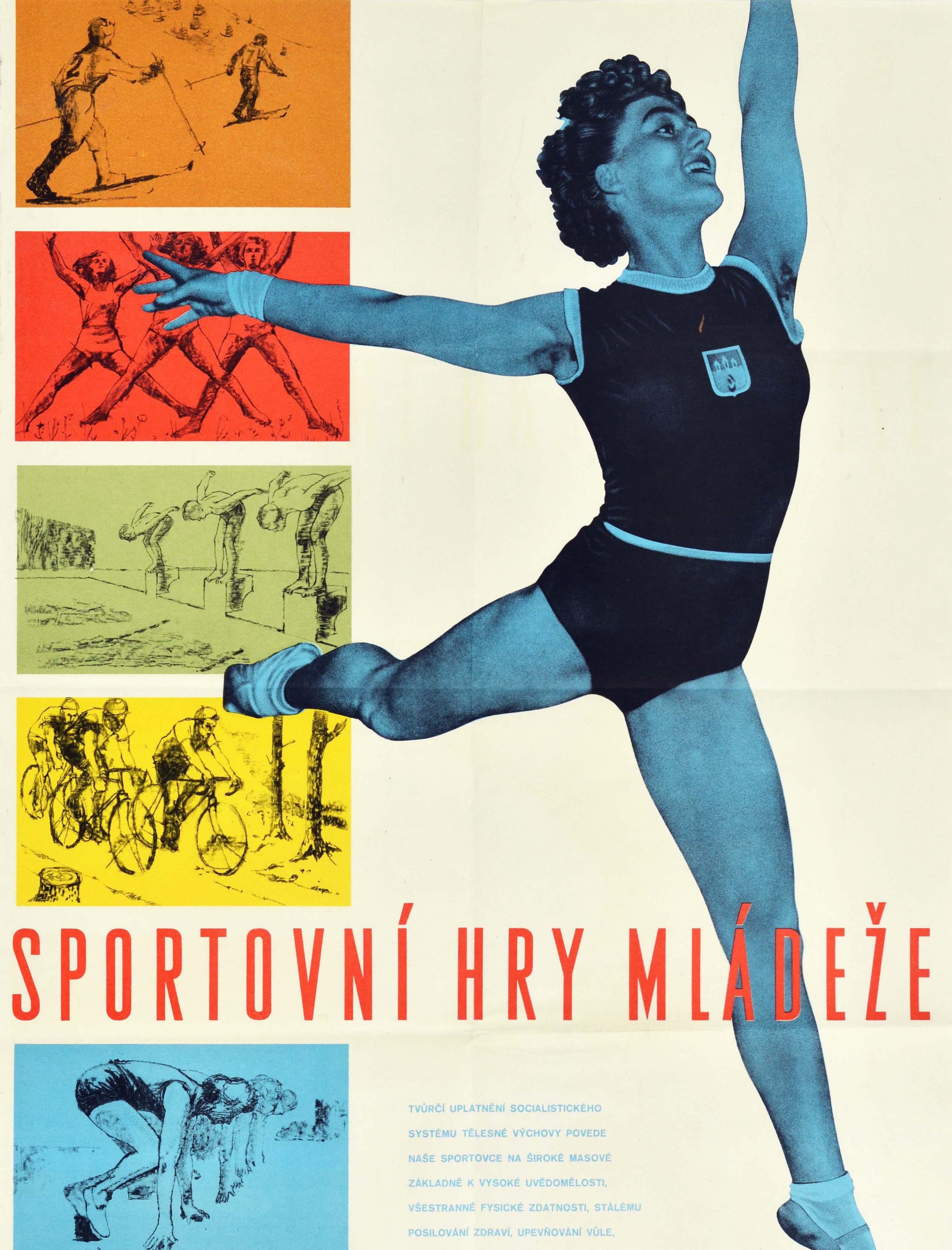 Original vintage poster for the Youth Sports Games / Sportovni Hry Mladeze featuring a line of images on the left side depicting skiers cross-country skiing on an orange background, athletes doing star jumps on a red background, swimmers about to