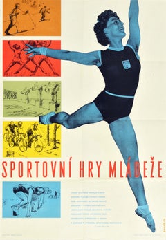 Original Vintage Poster Youth Sport Games Skiing Swimming Athletics Cycling Race