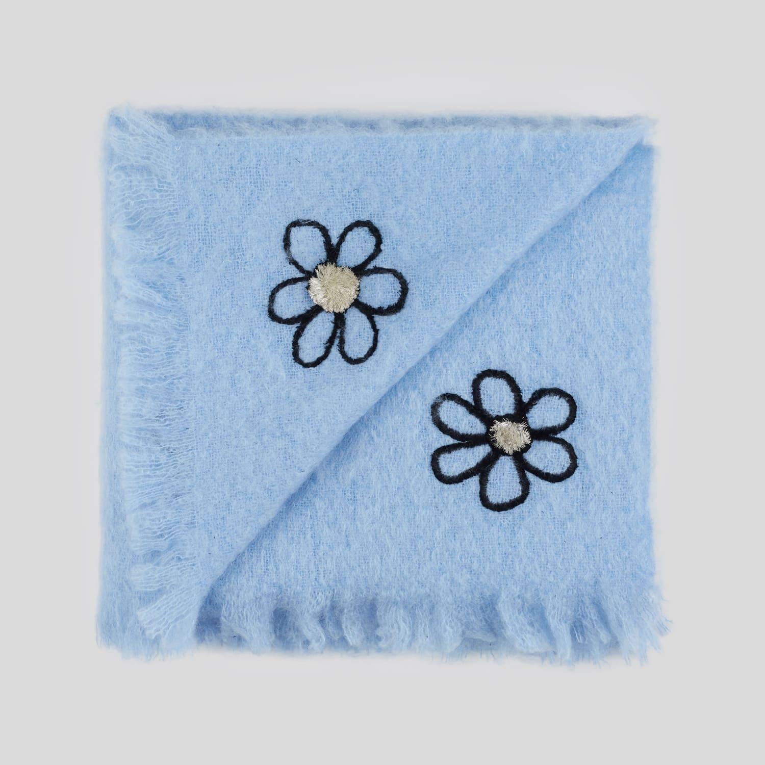 Mid-Century Modern Kowhai - Hand Embroidered sweet blue Throw Blanket For Sale