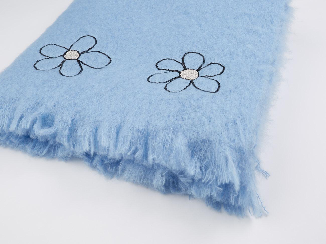 Needlework Kowhai - Hand Embroidered sweet blue Throw Blanket For Sale