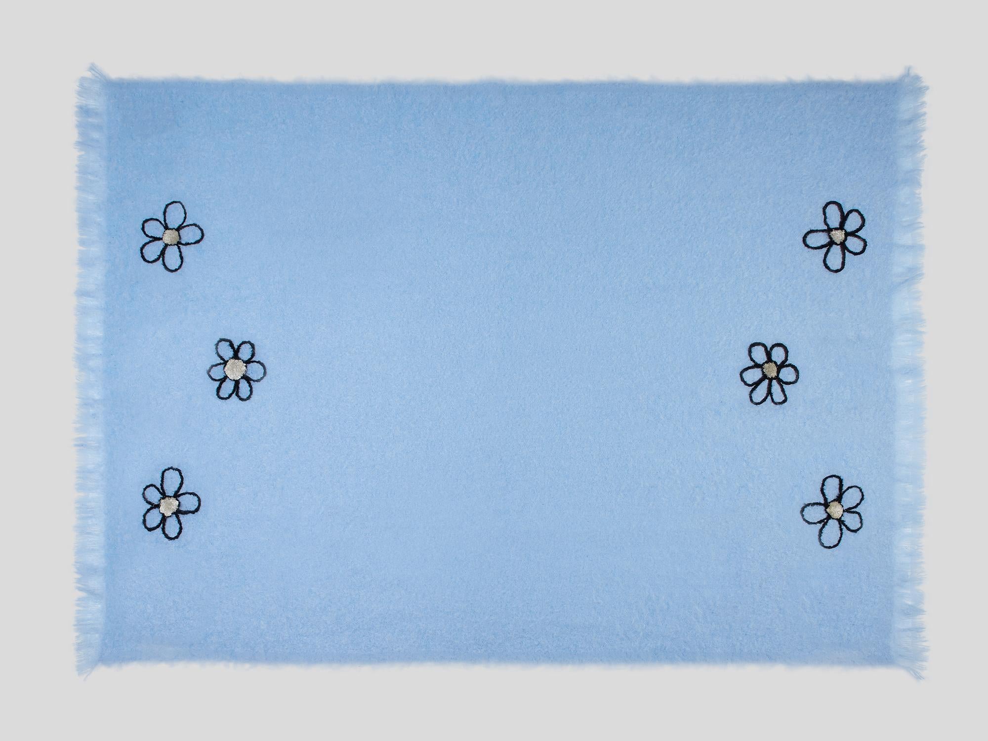 Contemporary Kowhai - Hand Embroidered sweet blue Throw Blanket For Sale