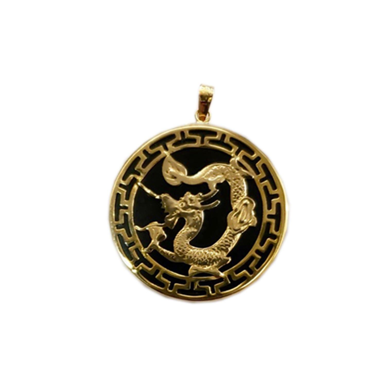 Kowloon Black Onyx Dragon Pendant with 14K Yellow Solid Gold For Sale 2