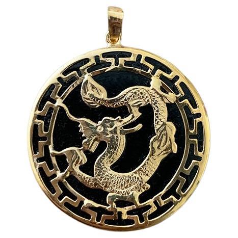 Kowloon Black Onyx Dragon Pendant with 14K Yellow Solid Gold For Sale