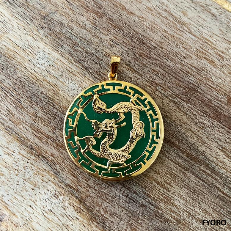 Kowloon Green Jade Dragon Pendant with 14K Yellow Solid Gold For Sale 6