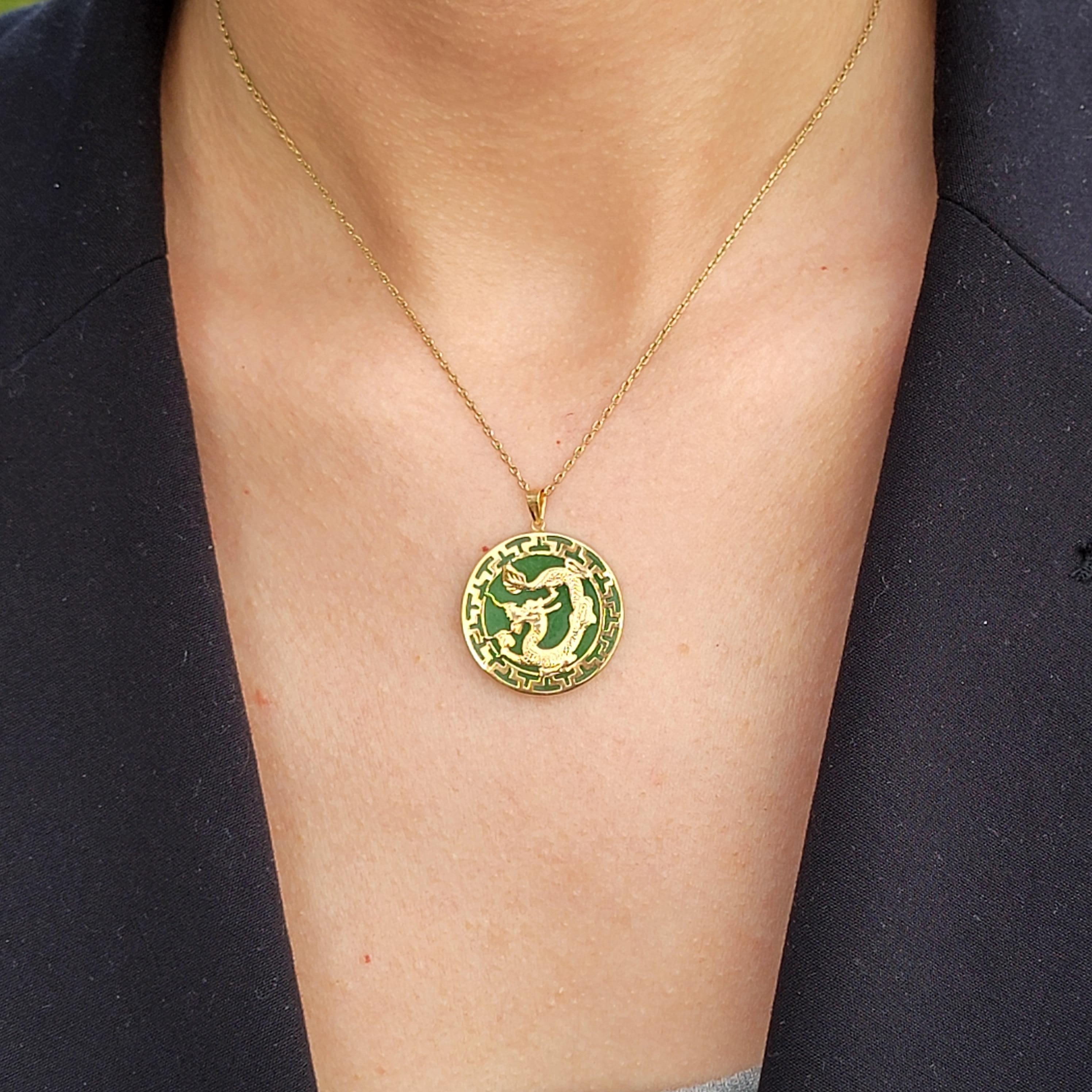 Kowloon Green Jade Dragon Pendant with 14K Yellow Solid Gold For Sale 8