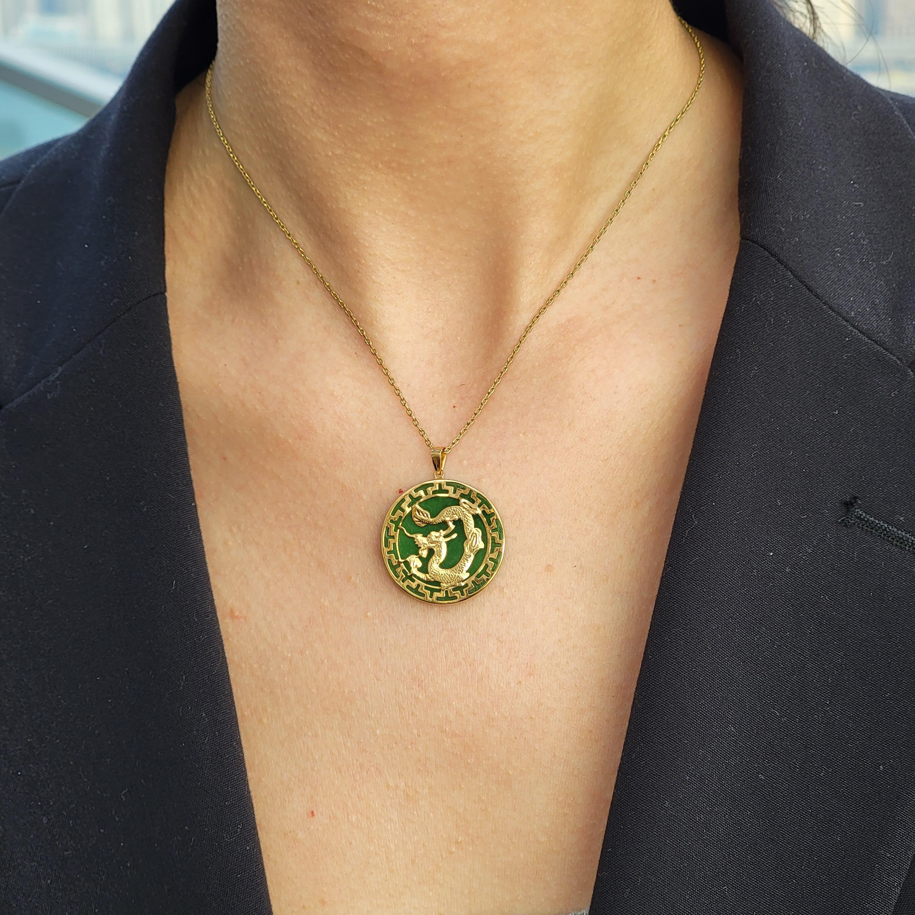 Kowloon Green Jade Dragon Pendant with 14K Yellow Solid Gold For Sale 9