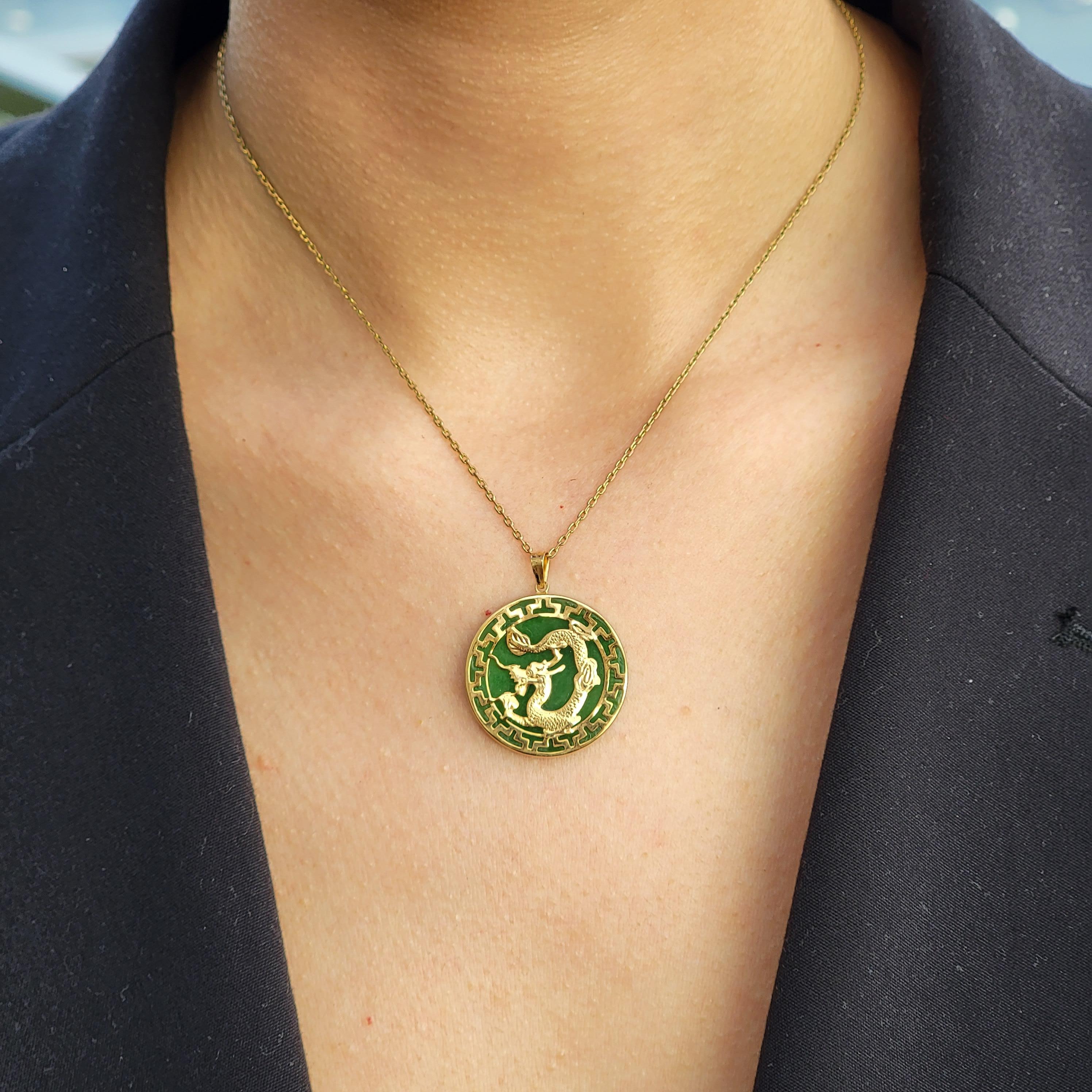 Cabochon Kowloon Green Jade Dragon Pendant with 14K Yellow Solid Gold For Sale