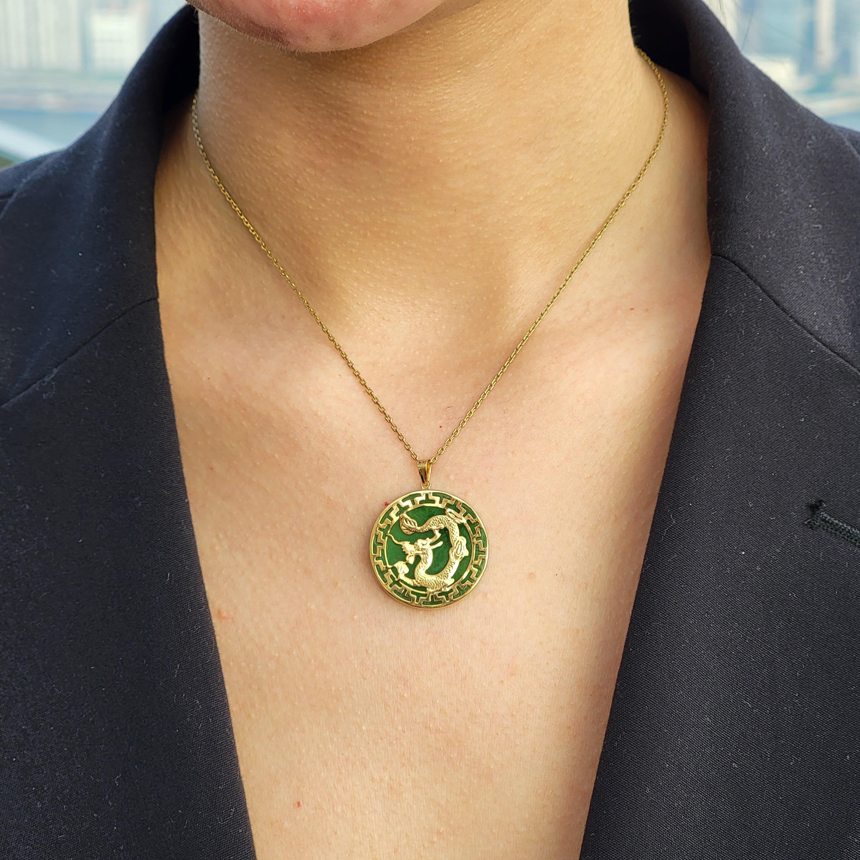 Kowloon Green Jade Dragon Pendant with 14K Yellow Solid Gold For Sale 1