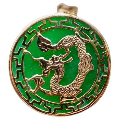 Kowloon Green Jade Dragon Pendant with 14K Yellow Solid Gold For Sale