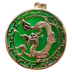 Kowloon Green Jade Dragon Pendant with 14K Yellow Solid Gold